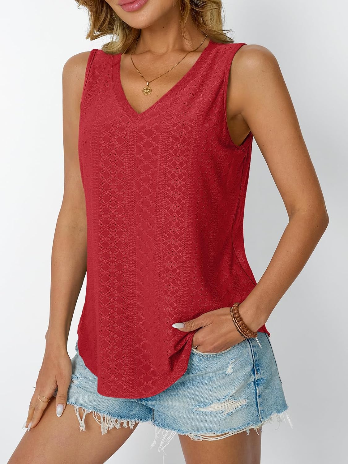 Womens Summer Tank Top Eyelet Embroidery V Neck Sleeveless Loose Fit Casual Shirt