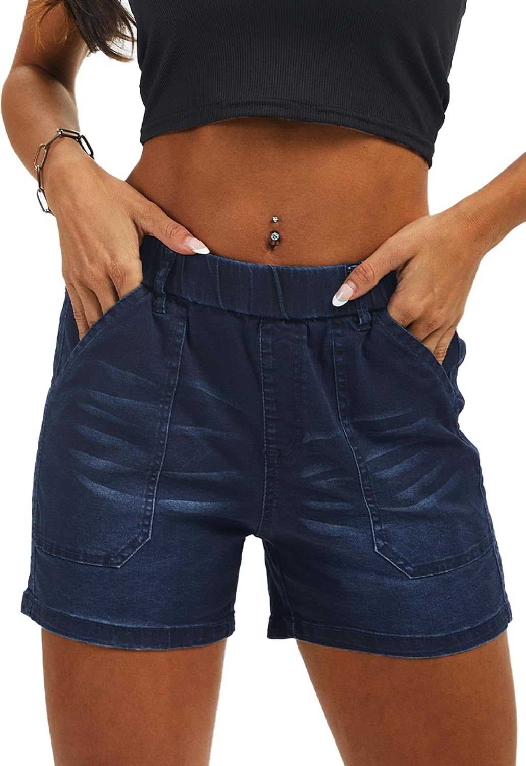 Womens Jean Shorts High Waisted Summer Cotton Elastic Waist Denim Shorts with Pockets