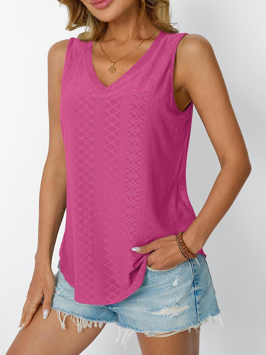Womens Summer Tank Top Eyelet Embroidery V Neck Sleeveless Loose Fit Casual Shirt