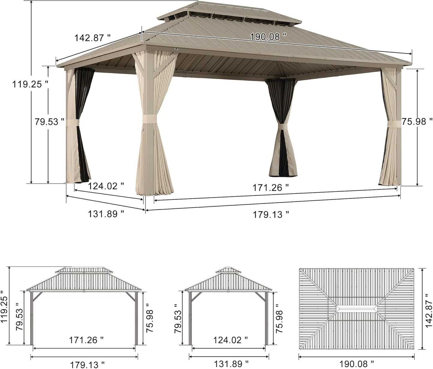 12x20ft Hardtop Gazebo Aluminum Frame Steel Roof Curtains Netting
