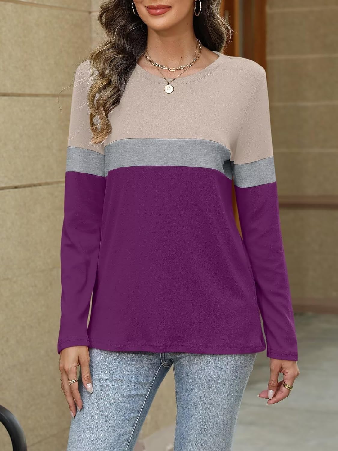 Women Long Sleeve Color Block Tunics Tops Round Neck Shirts Casual Blouses