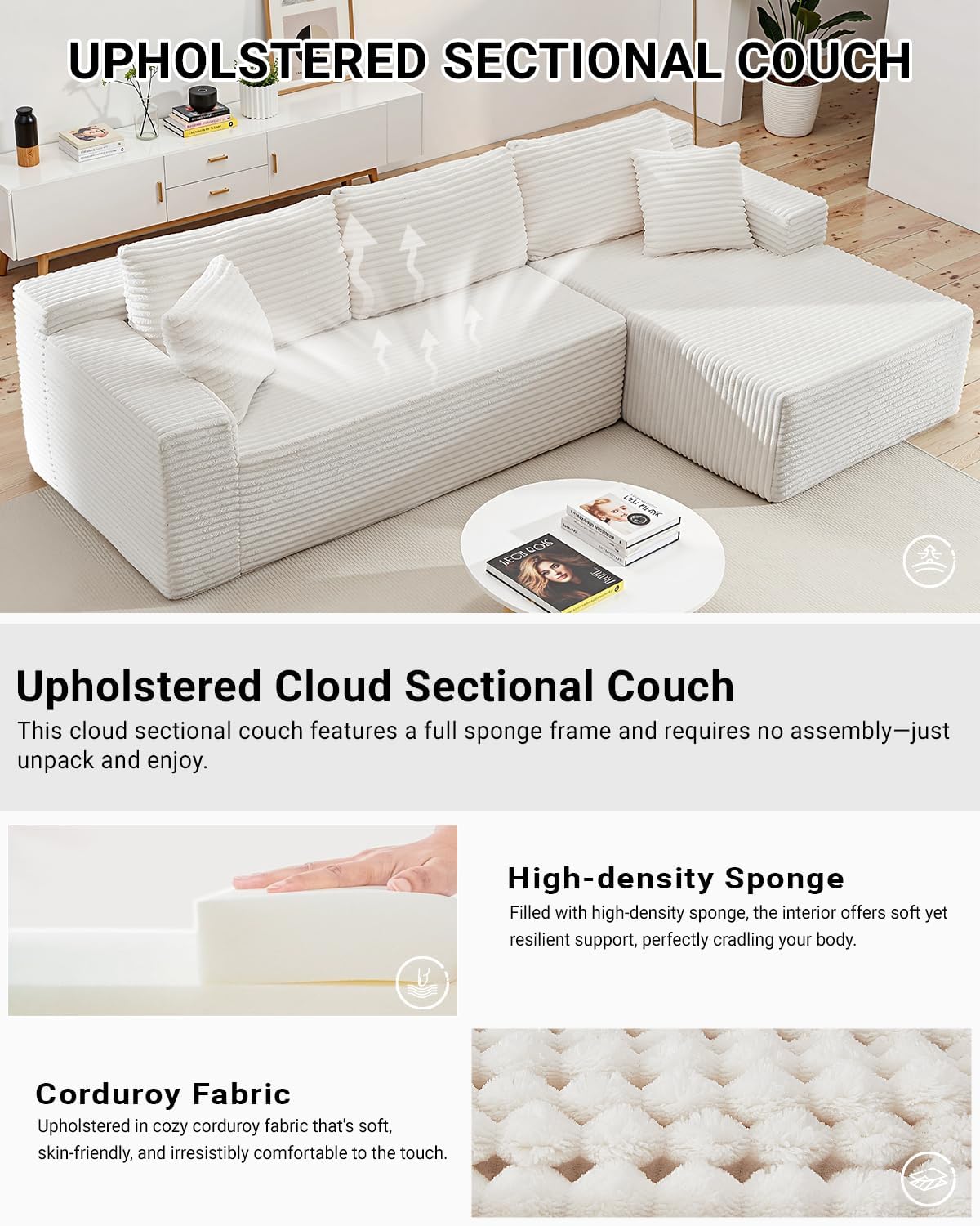 105 Inch Cloud Sectional Couch with Deep Seat