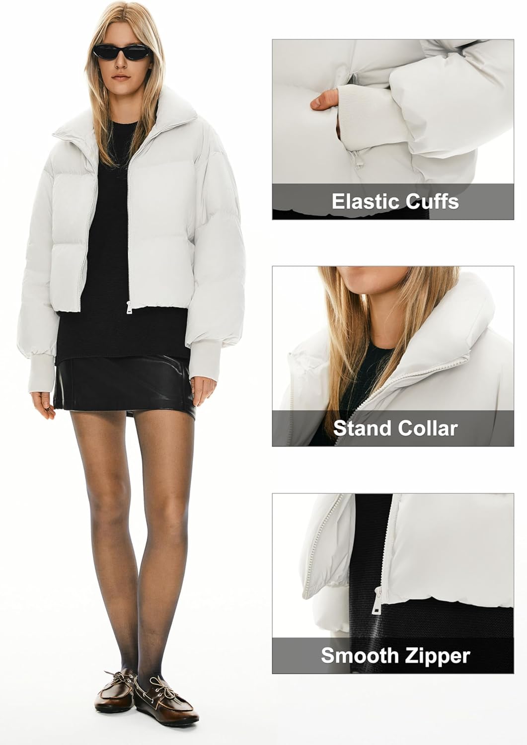 Womens Winter Oversized Cropped Puffer Jacket Zip Up Short Down Coat
