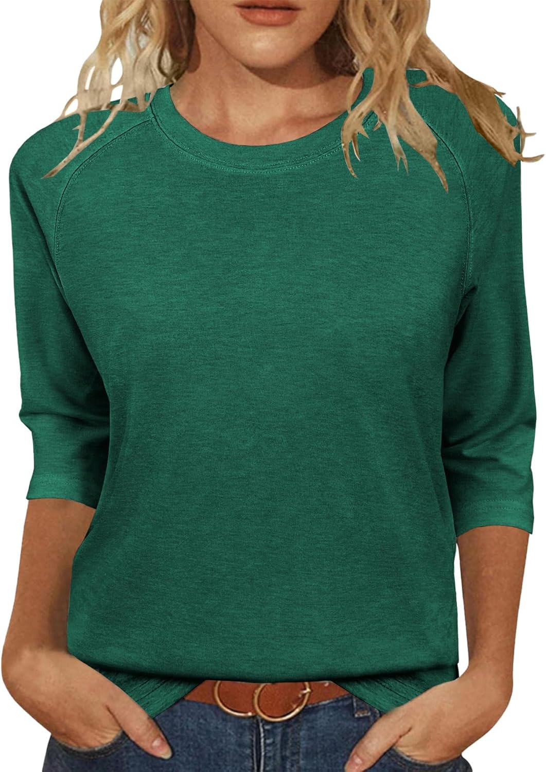3/4 Sleeve Crew Neck Shirts Loose Fit Tunic Blouses Summer Tees