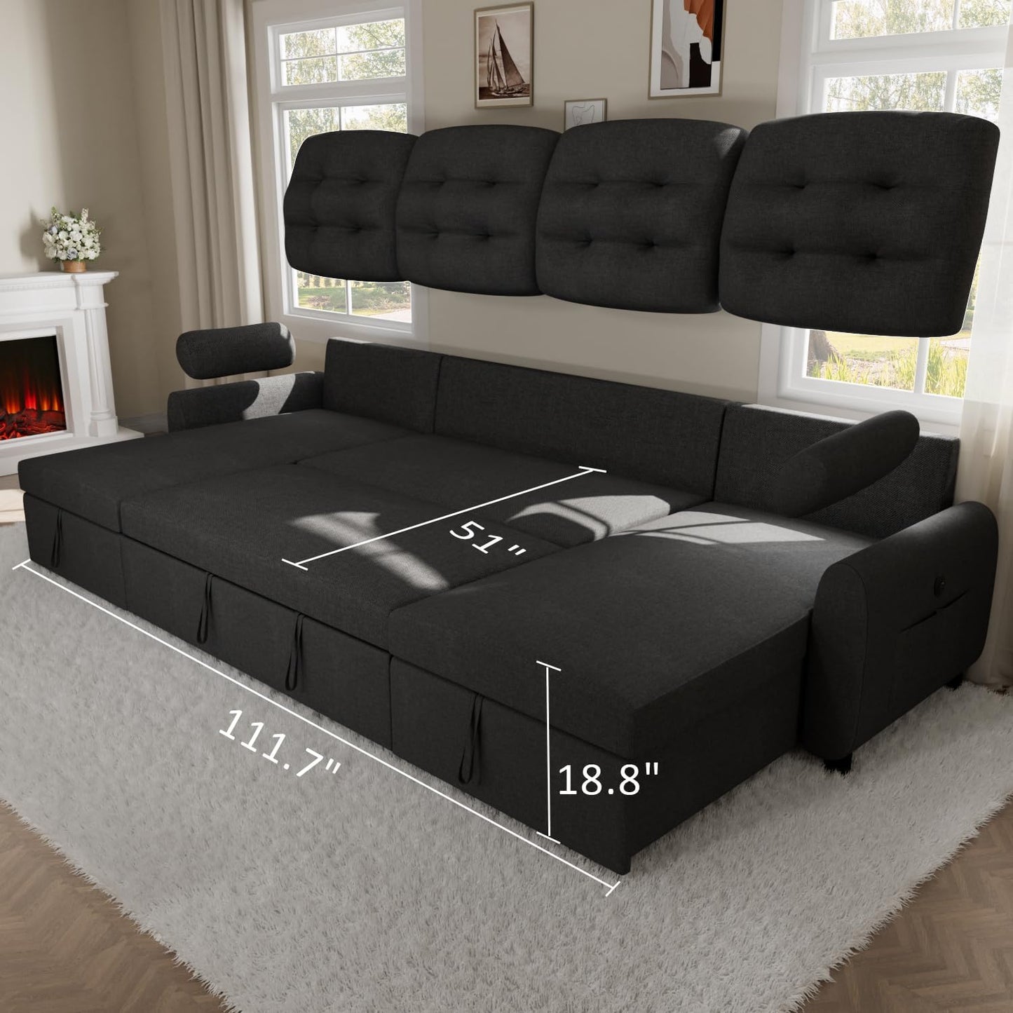 Sectional Sleeper Sofa with Storage Chaise USB Port, Side Pocket Removable Back 87" Couch in Black Linen