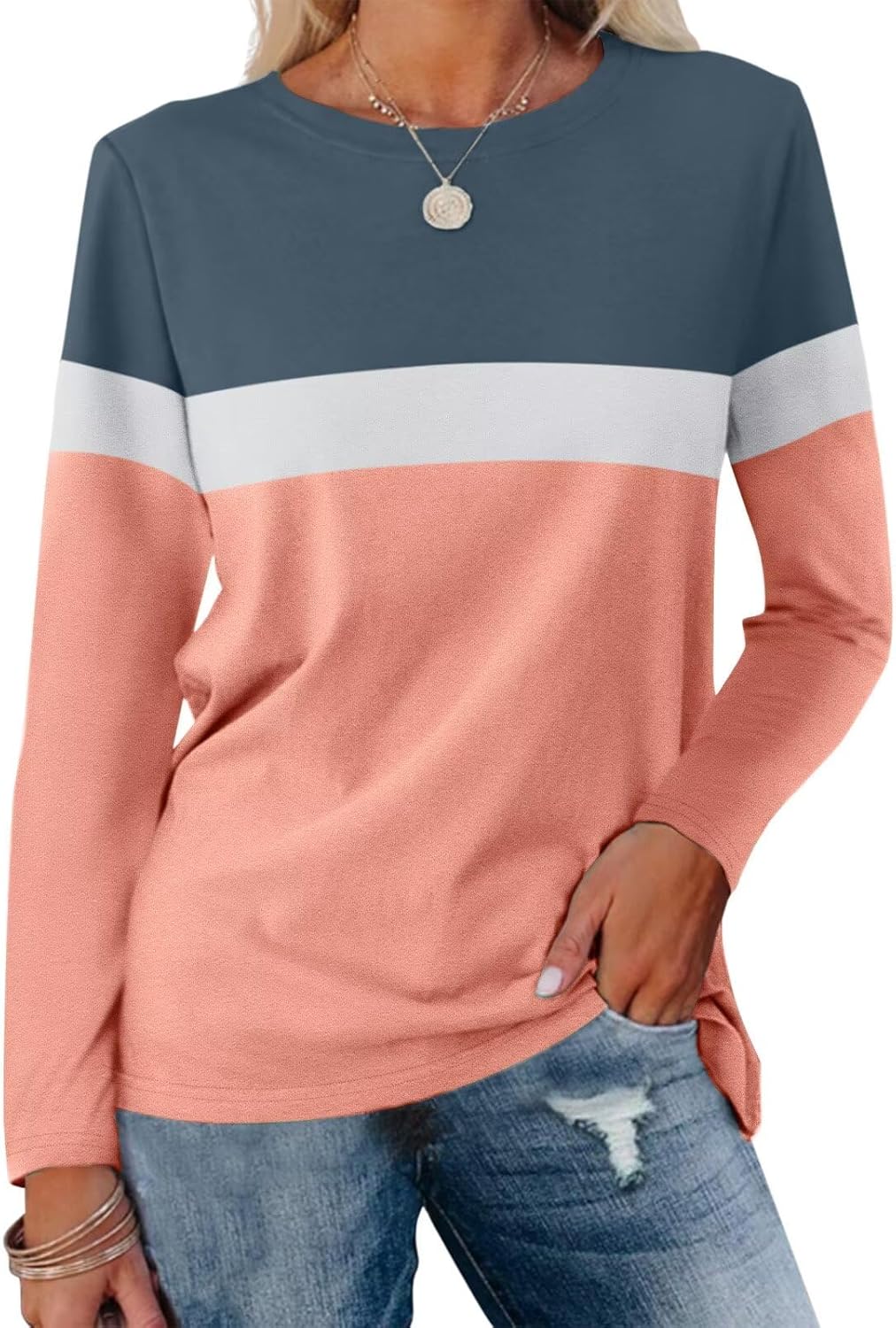 Women Long Sleeve Color Block Tunics Tops Round Neck Shirts Casual Blouses