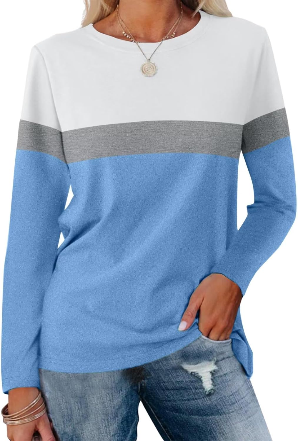 Women Long Sleeve Color Block Tunics Tops Round Neck Shirts Casual Blouses