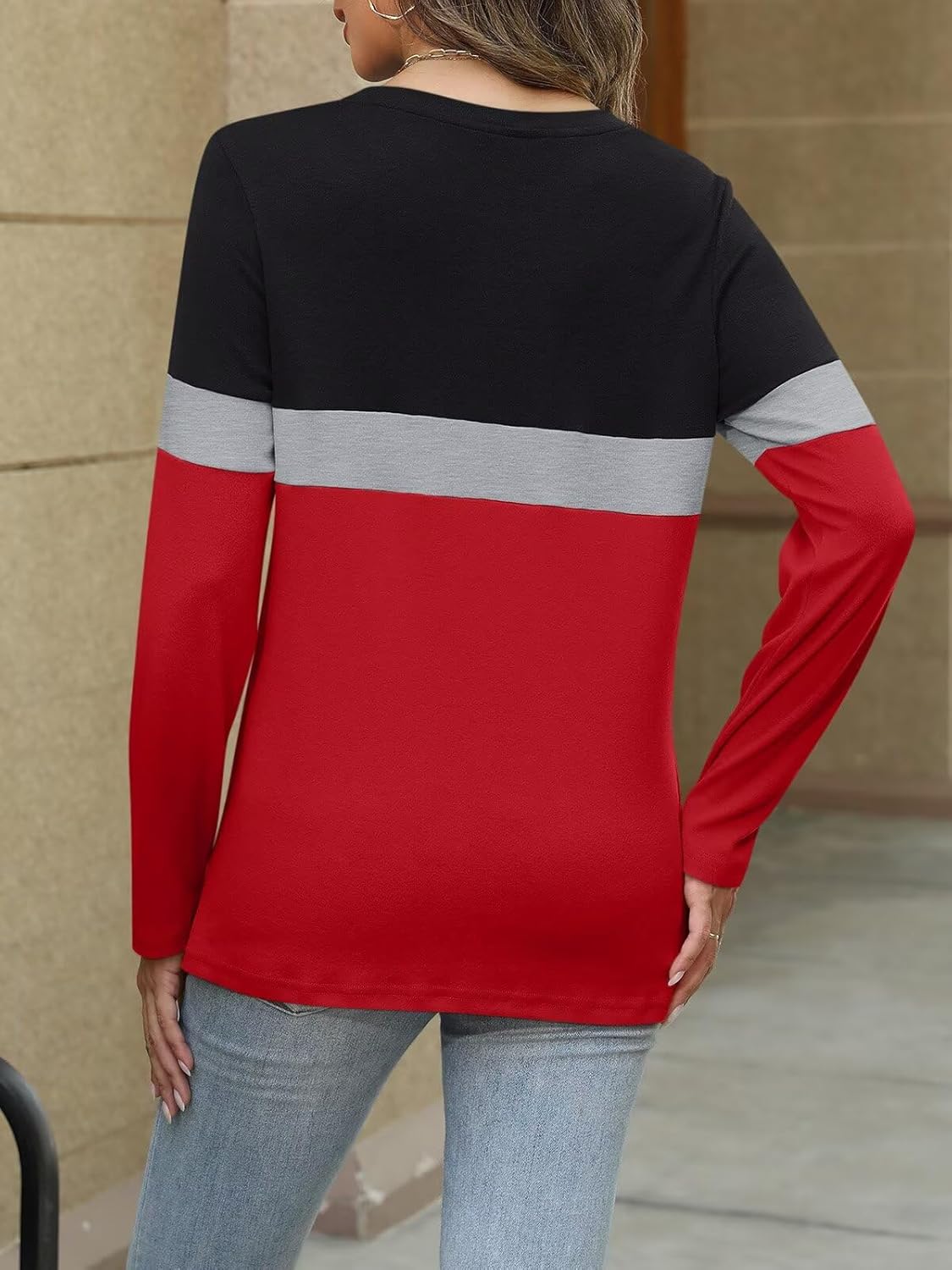 Women Long Sleeve Color Block Tunics Tops Round Neck Shirts Casual Blouses