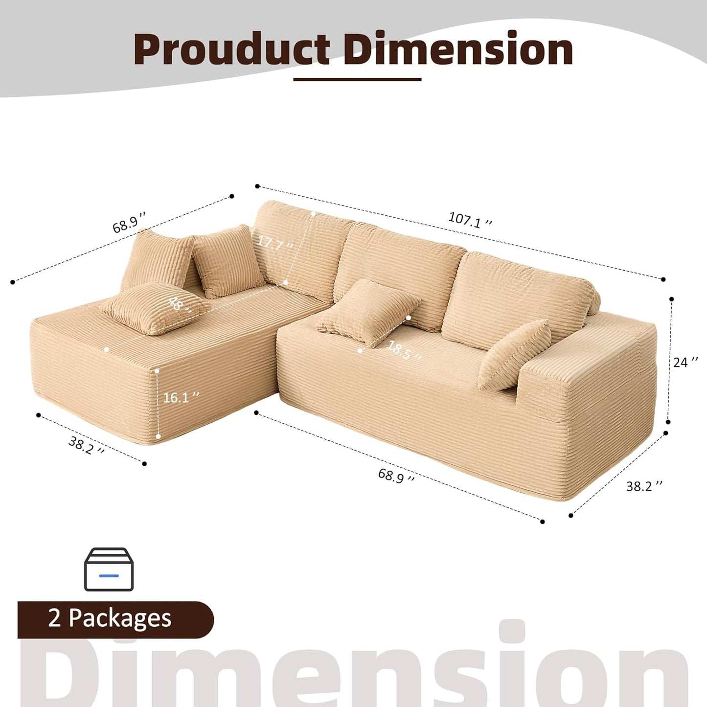107" Boneless Couch with Deep Seat Cloud Sectional Couch for Living Room