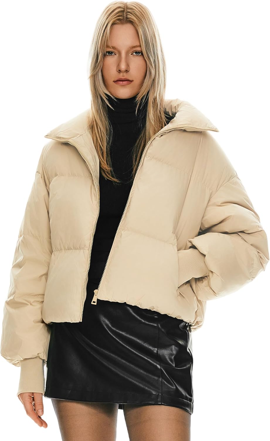 Womens Winter Oversized Cropped Puffer Jacket Zip Up Short Down Coat