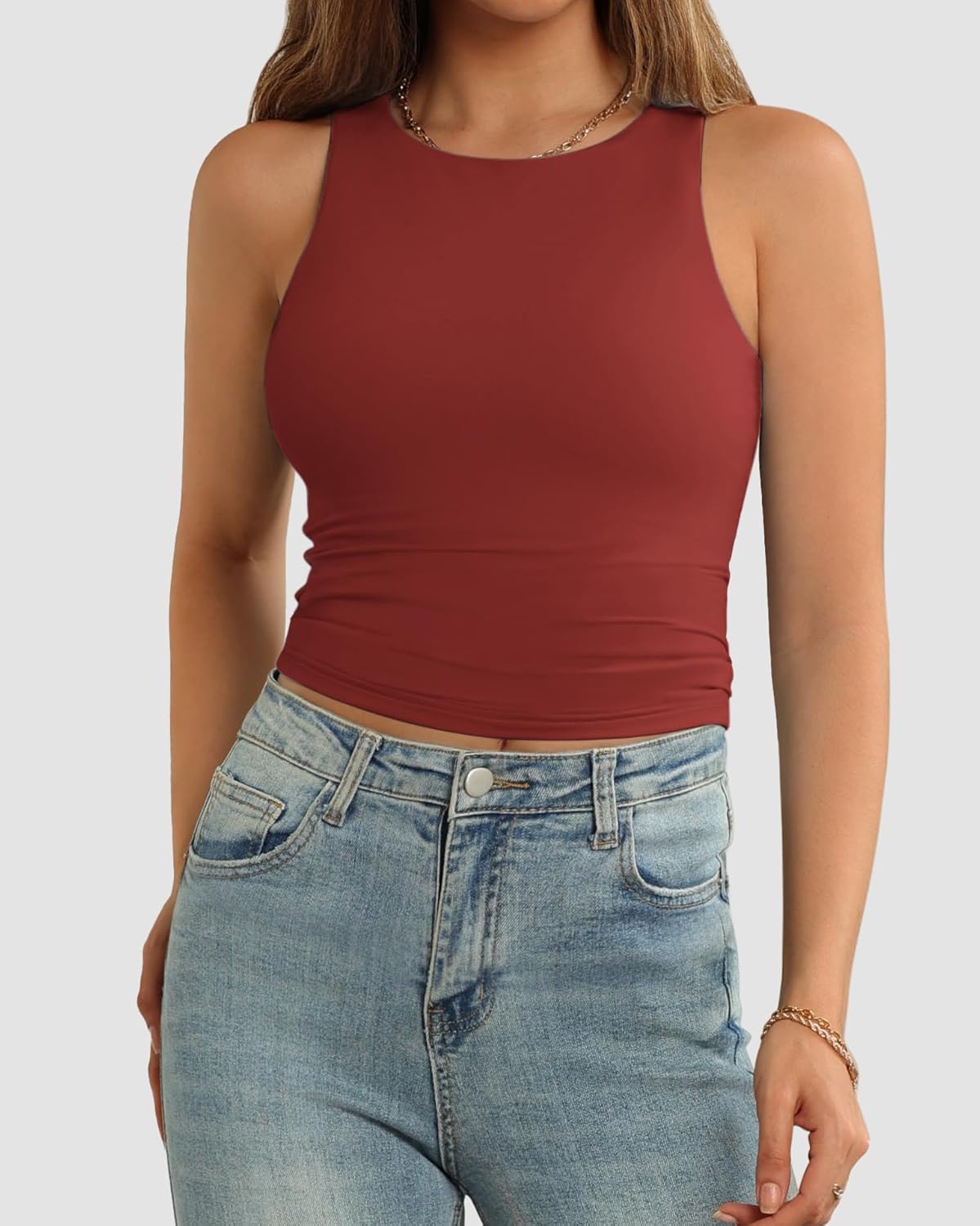 Womens Double Lined Crop Tank Tops Casual Basic Shirts Sleeveless Tops