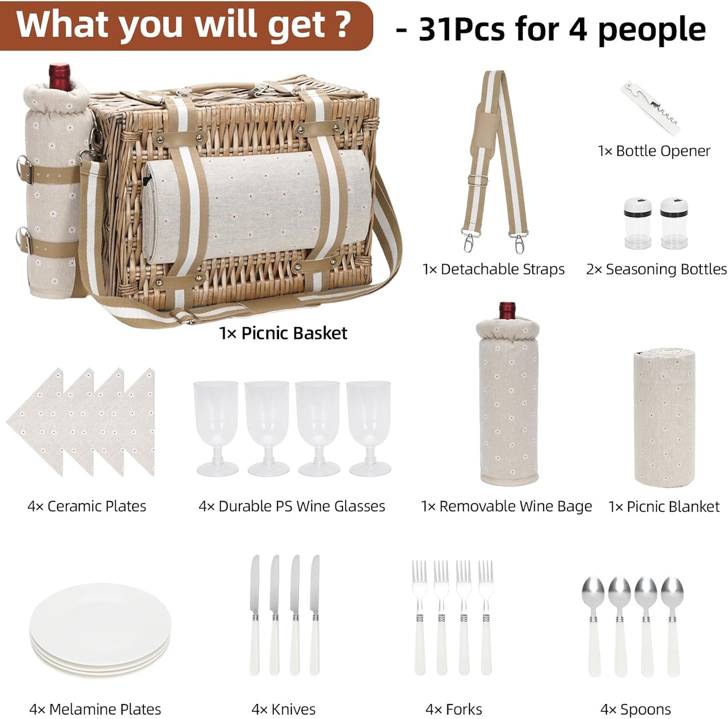 19Pcs Picnic Basket for 2 with Blanket
