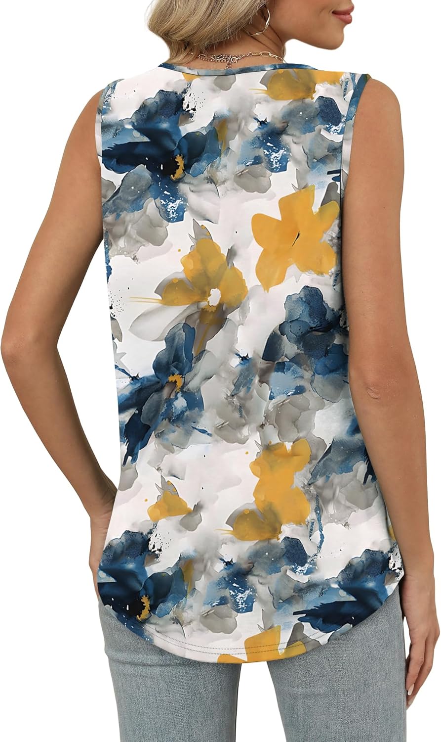 Womens V Neck Tank Top Loose Fit Sleeveless Summer Shirt Ruched Tees and Tanks with Curved Hem
