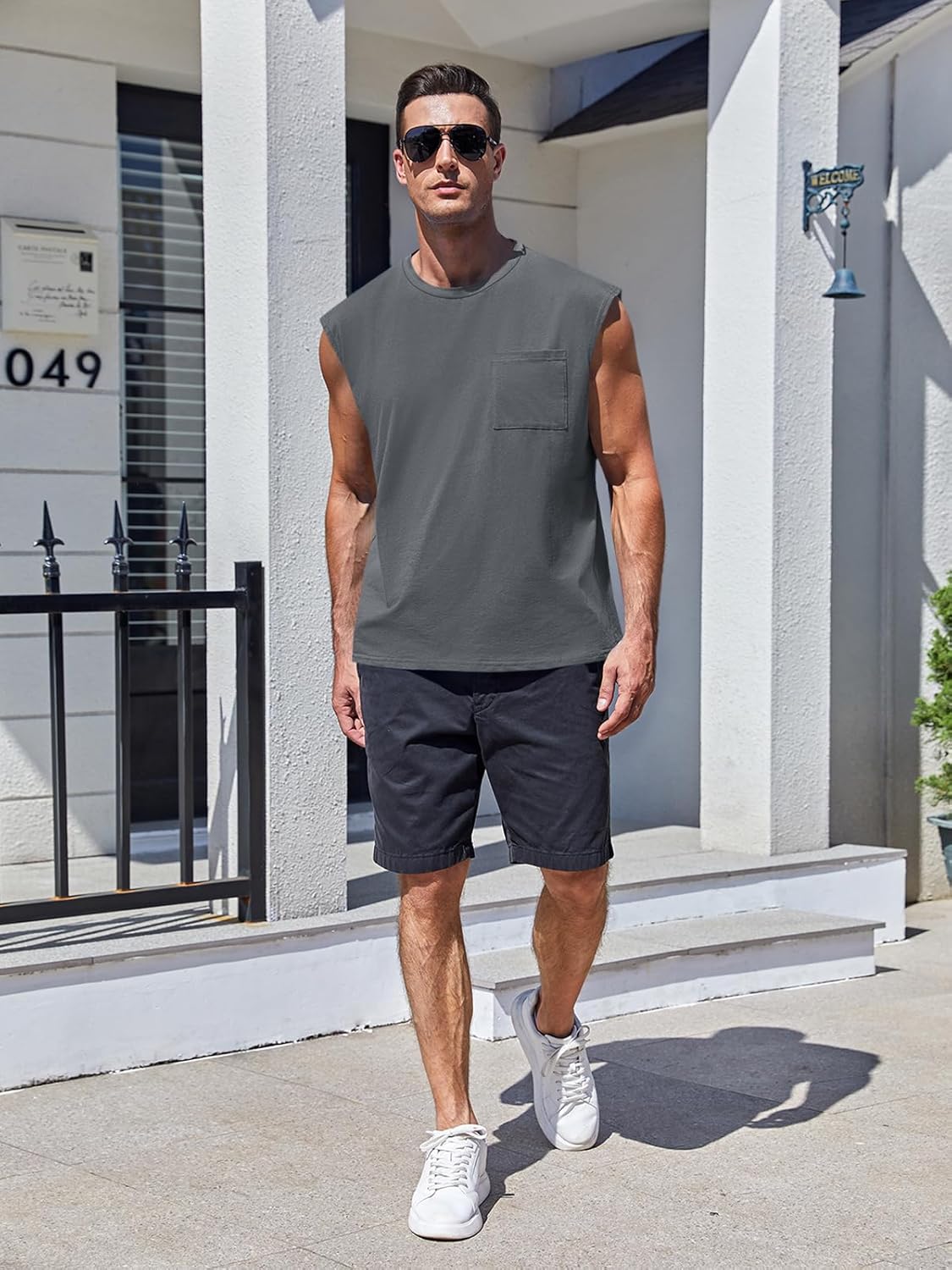 Mens Sleeveless Tank Tops Workout Cut Off Shirts Muscle Gym T Shirts with Pocket