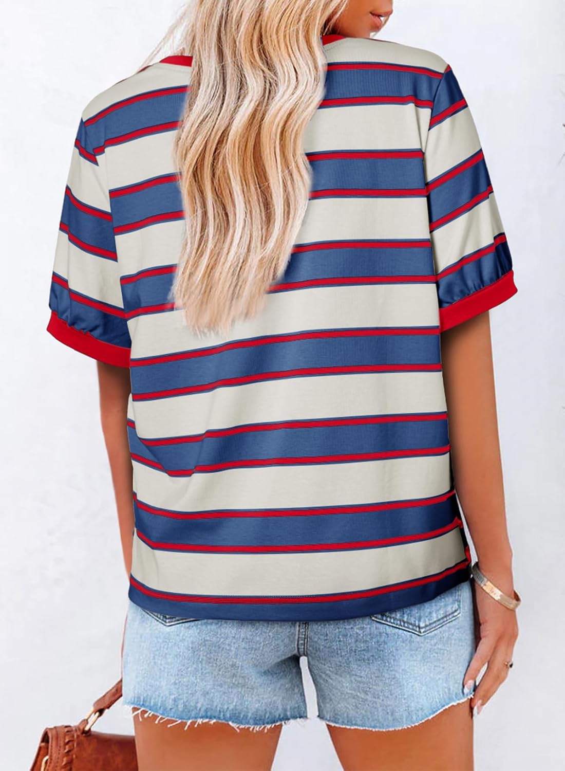 Striped Color Block Short Sleeve T-Shirts Crewneck Casual Loose Basic Tee Blouses