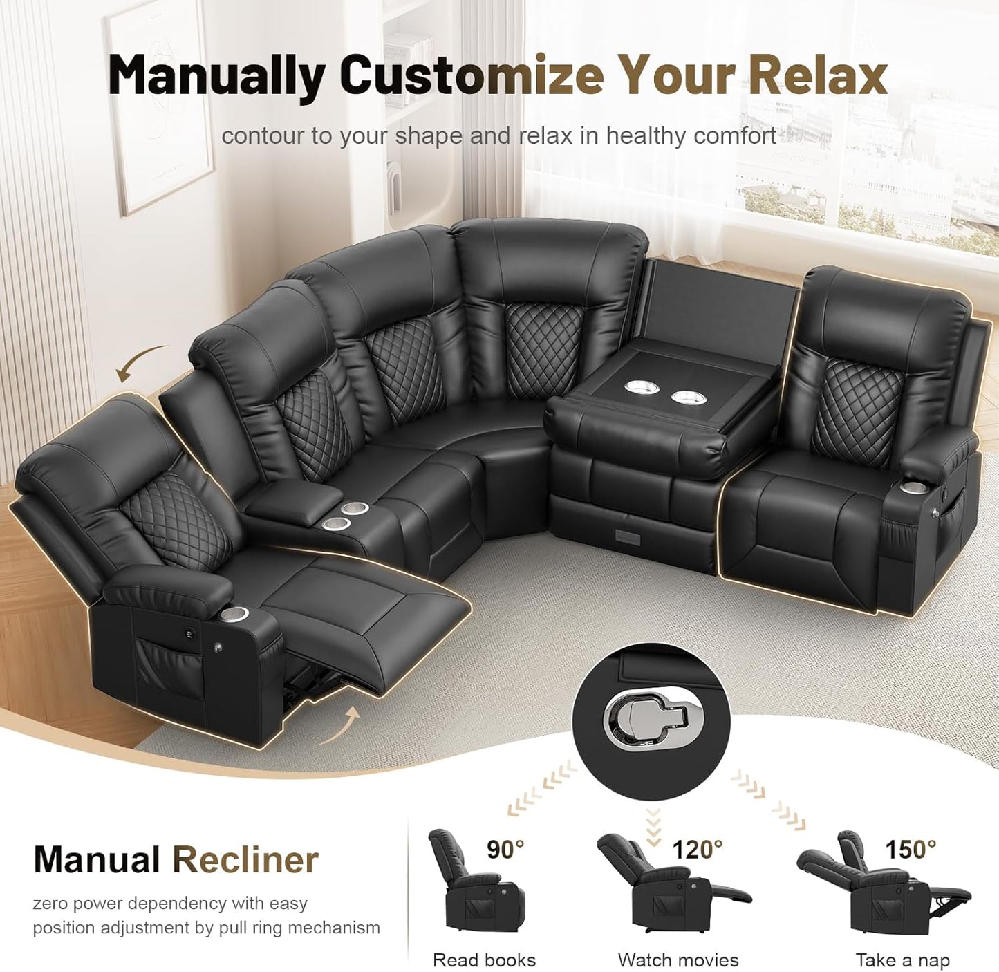 YONISEE 3 Seat Recliner Sofa, Large Reclining Sofa with Storage Console, Manual Reclining Chair with USB Ports, 2 Cell Phone Holder, 3 Seater Loveseat Recliner Couch for Living Room