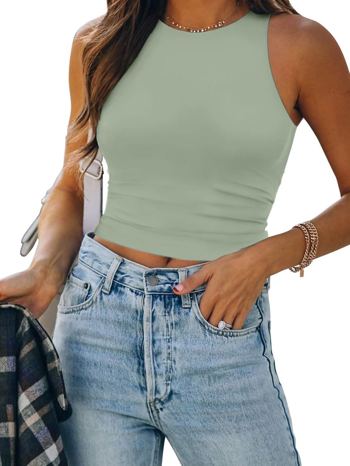 Womens Double Lined Crop Tank Tops Casual Basic Shirts Sleeveless Tops