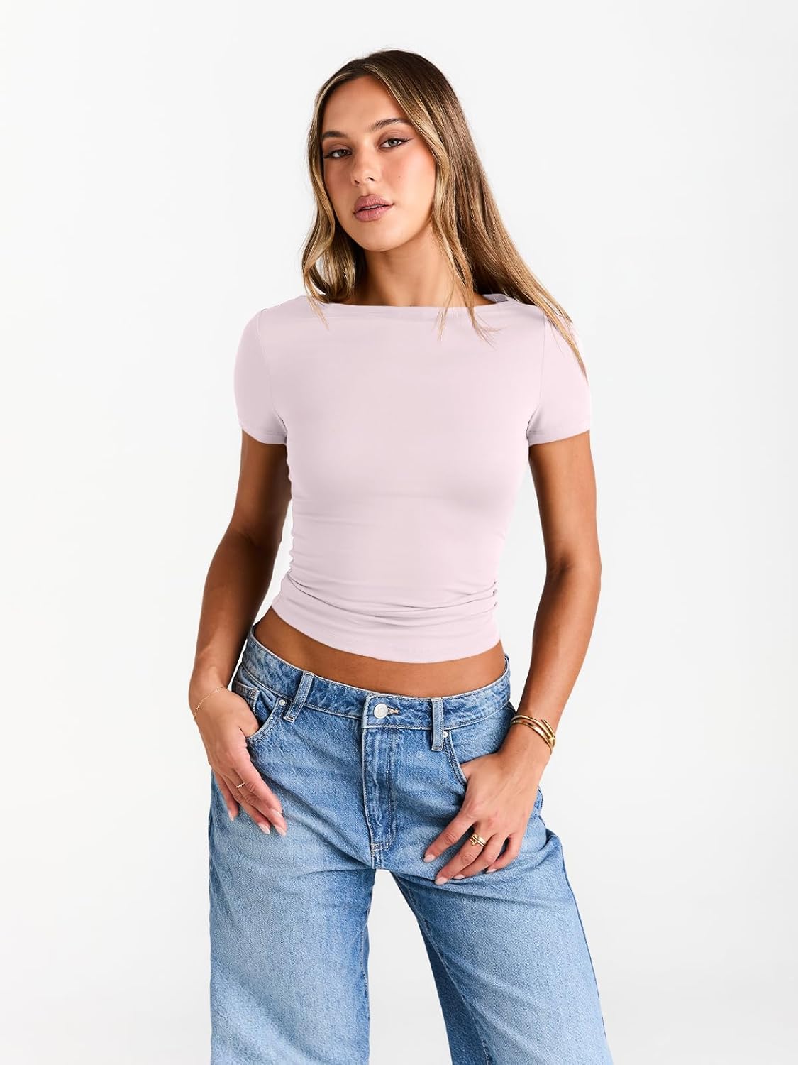 Womens Boat Neck Tops Short Sleeve T-Shirts Slim Fitted Compression