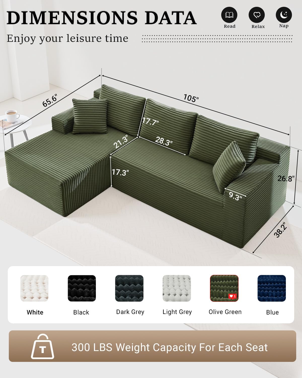 105 Inch Cloud Sectional Couch with Deep Seat