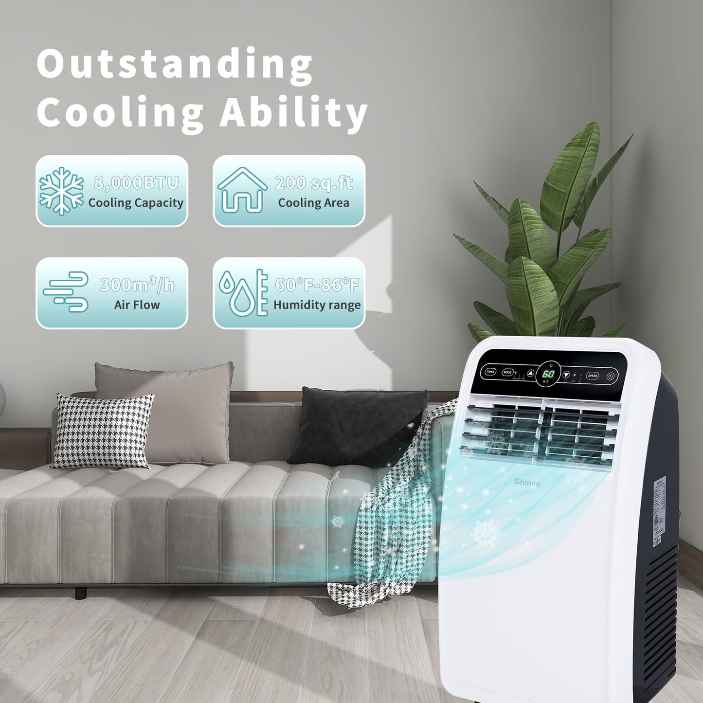 10,000 BTU Portable AC Wi-Fi Dehumidifier Fan Timer for 300 Sq.Ft with Window Kit