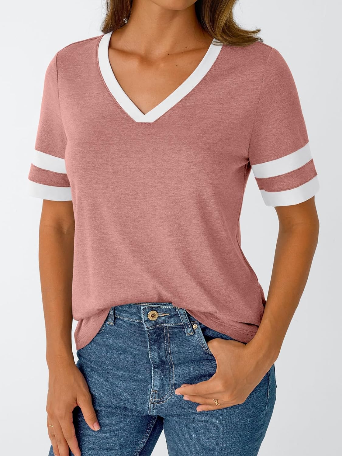 Women's Short Sleeve V Neck T Shirts Trendy Casual Spring Tops