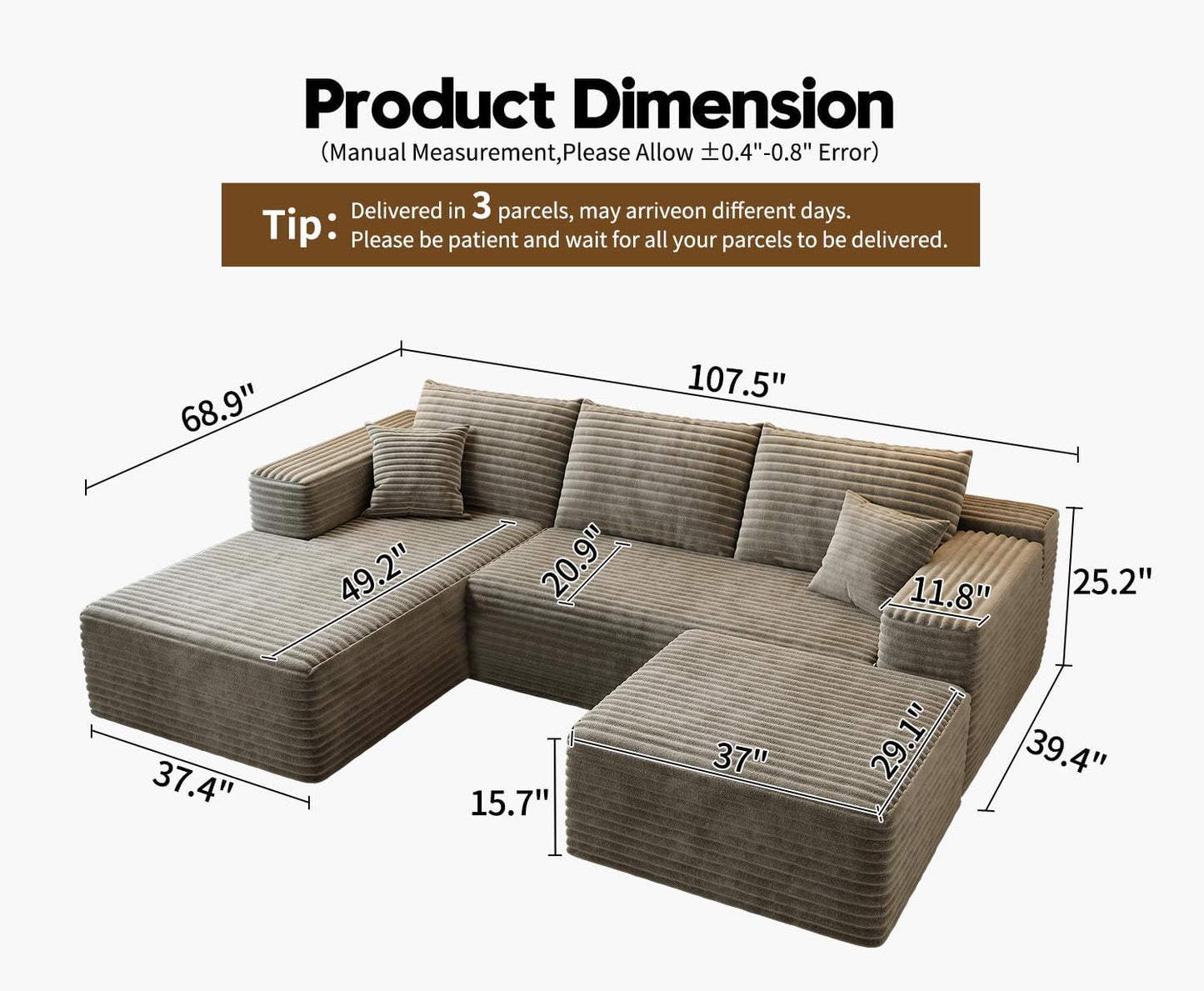 107.5" Cloud Modular Sectional Sofa with 1 Ottoman