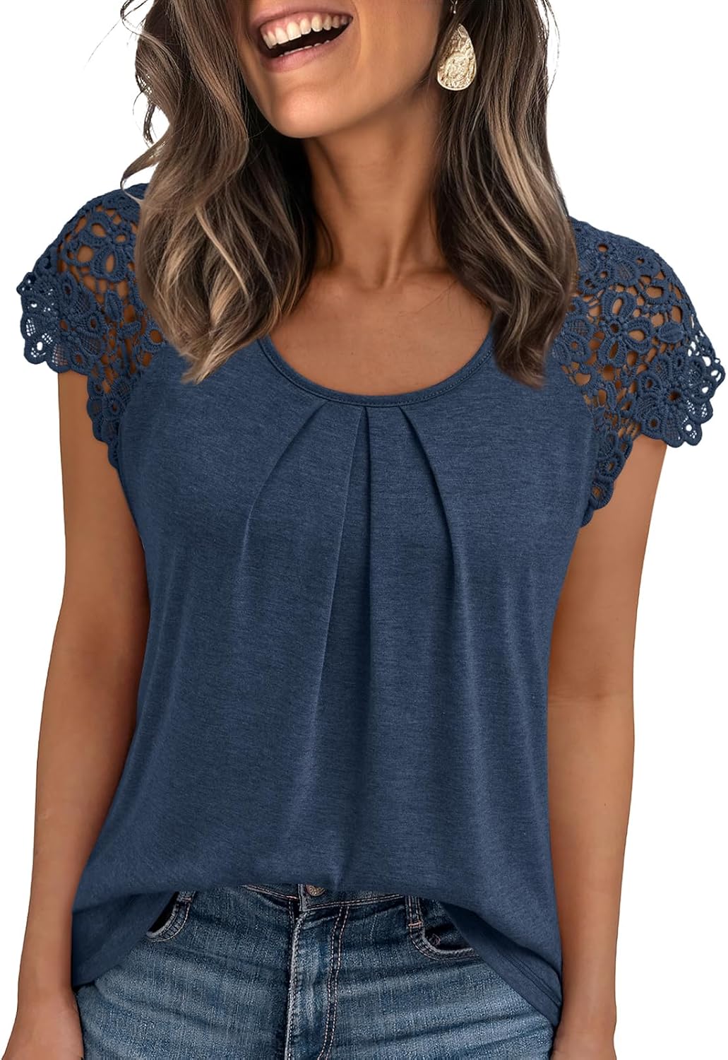 Womens Lace Tops Pleated Short Sleeve Shirts Summer