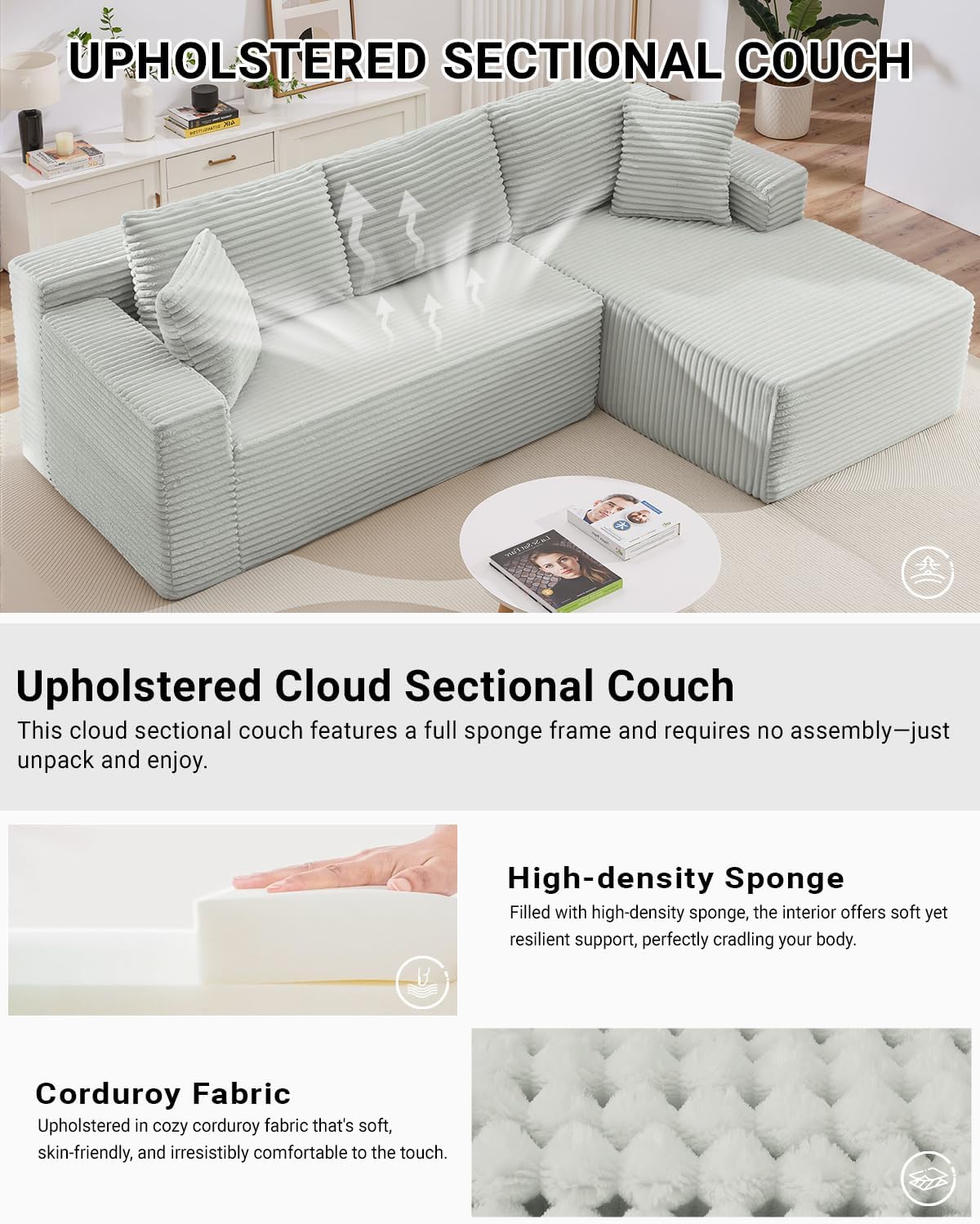 105 Inch Cloud Sectional Couch with Deep Seat