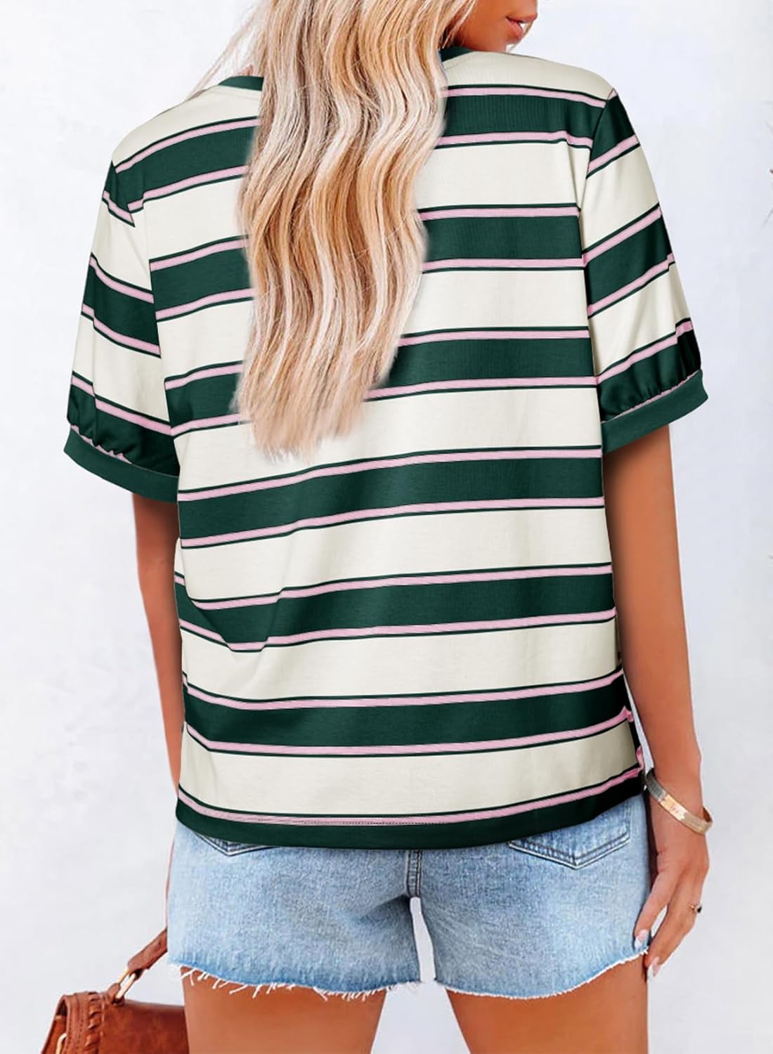 Striped Color Block Short Sleeve T-Shirts Crewneck Casual Loose Basic Tee Blouses