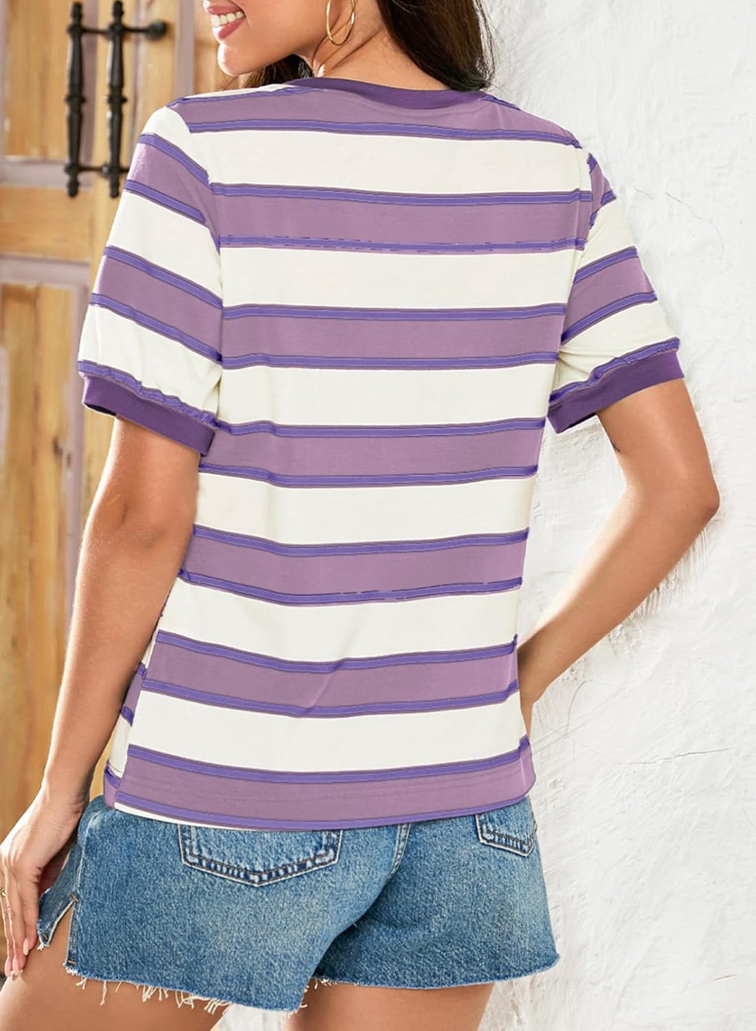 Striped Color Block Short Sleeve T-Shirts Crewneck Casual Loose Basic Tee Blouses