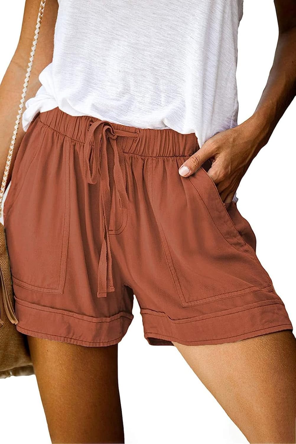 Womens Shorts Summer Comfy Cotton Elastic Waist Drawstring Casual Shorts with Pockets