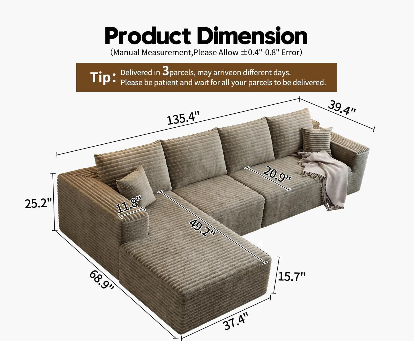 107.5" Cloud Modular Sectional Sofa with 1 Ottoman