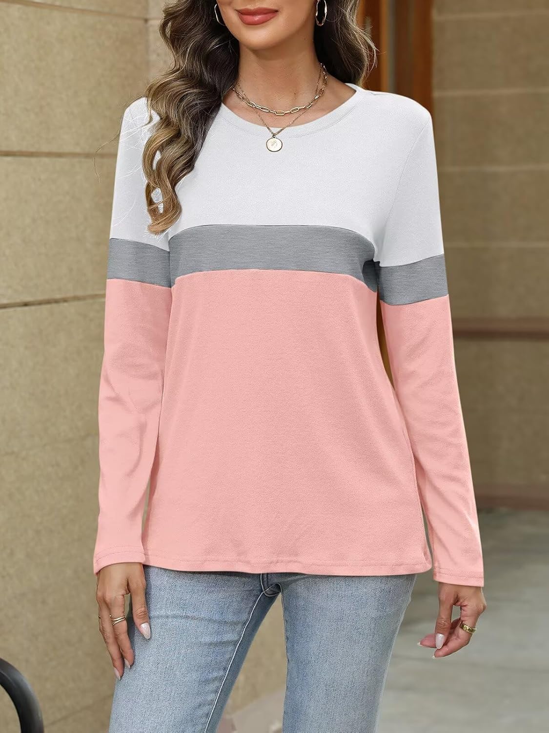 Women Long Sleeve Color Block Tunics Tops Round Neck Shirts Casual Blouses