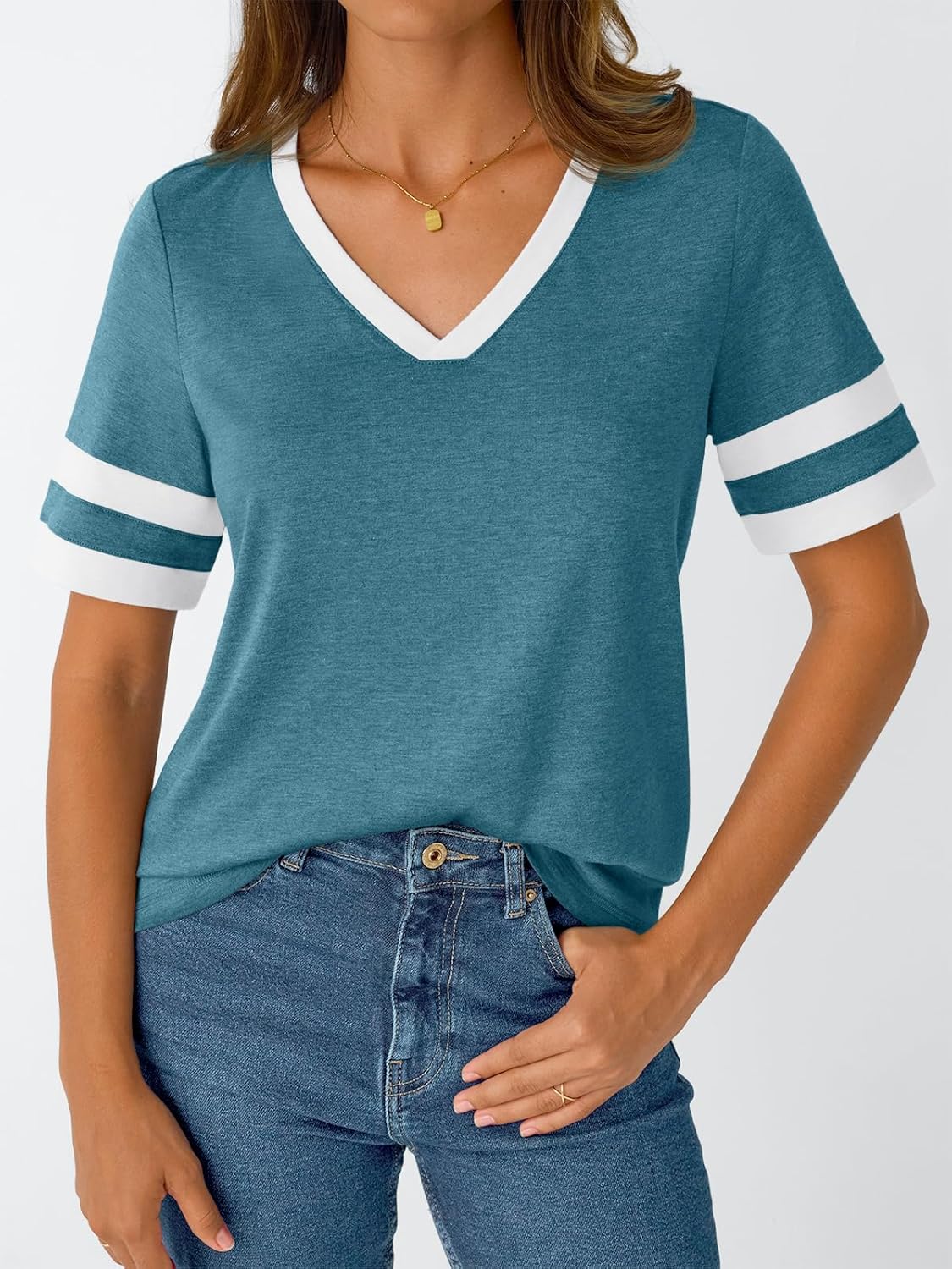 Women's Short Sleeve V Neck T Shirts Trendy Casual Spring Tops