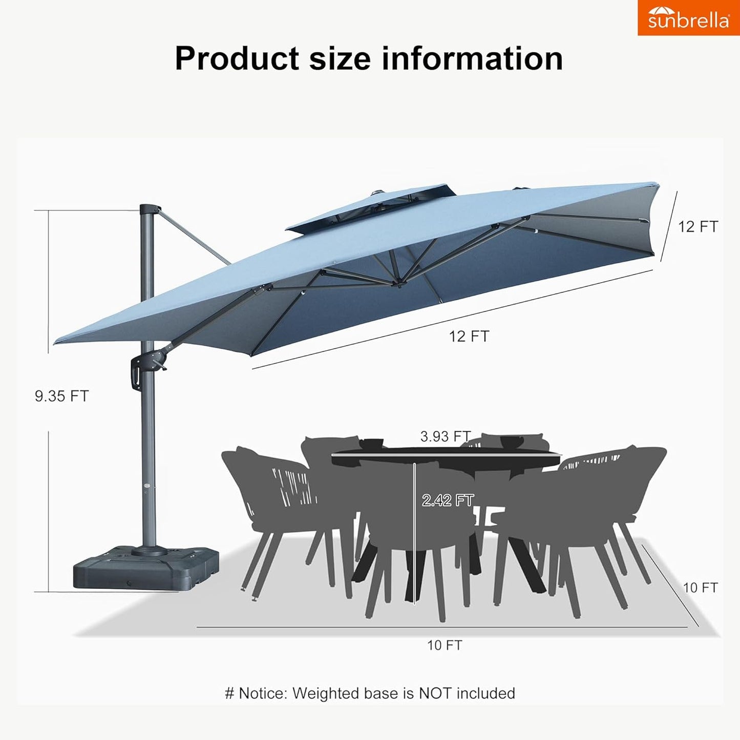 12ft Patio Umbrella with Base Large Outdoor Square Umbrella
