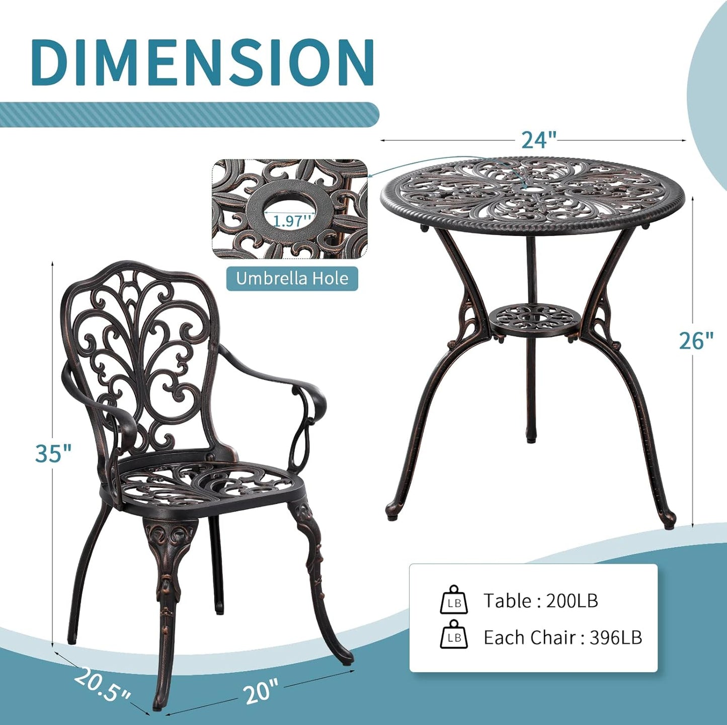 Patio Bistro Set 3 Piece Outdoor Cast Aluminum Outdoor Bistro Table