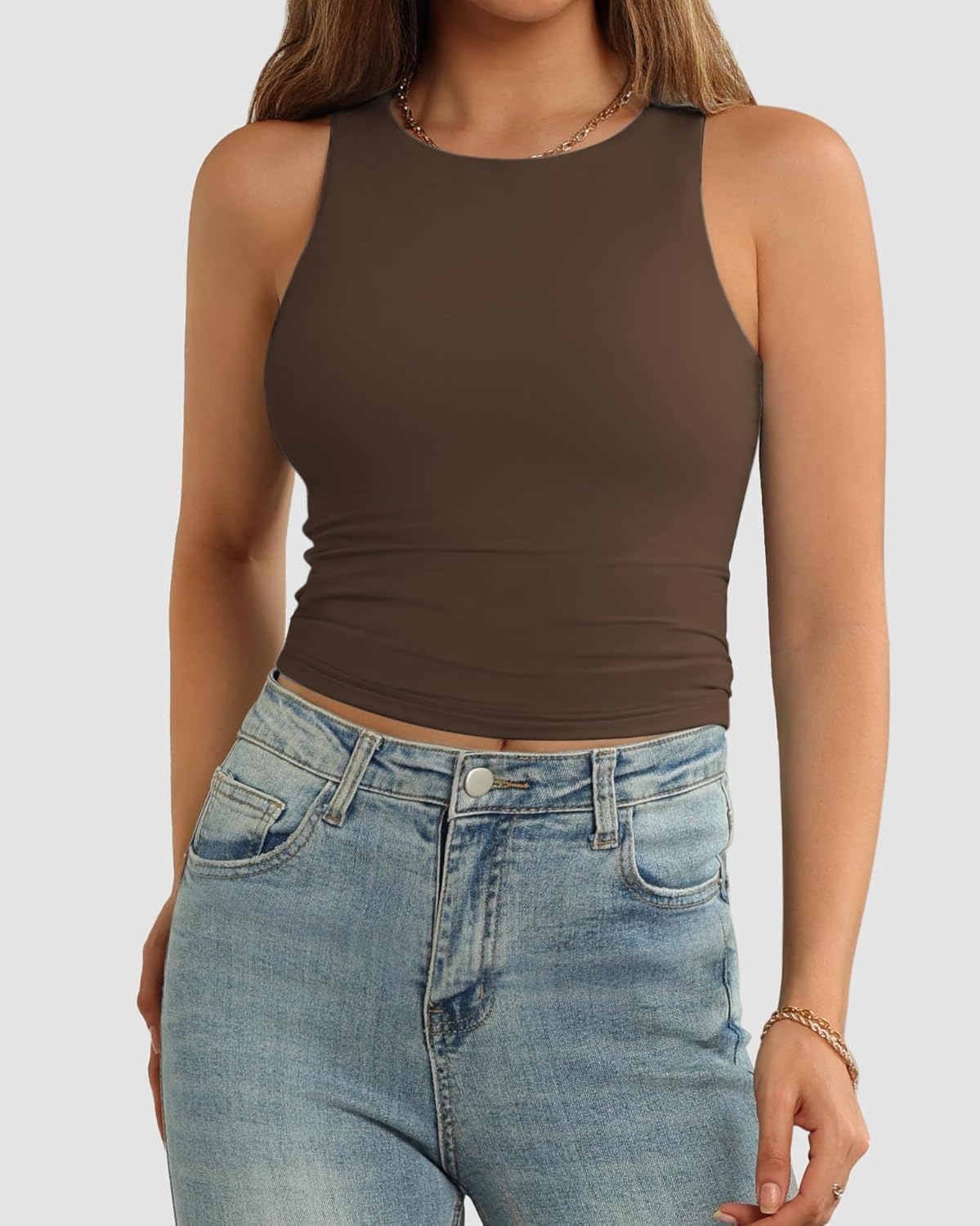 Womens Double Lined Crop Tank Tops Casual Basic Shirts Sleeveless Tops