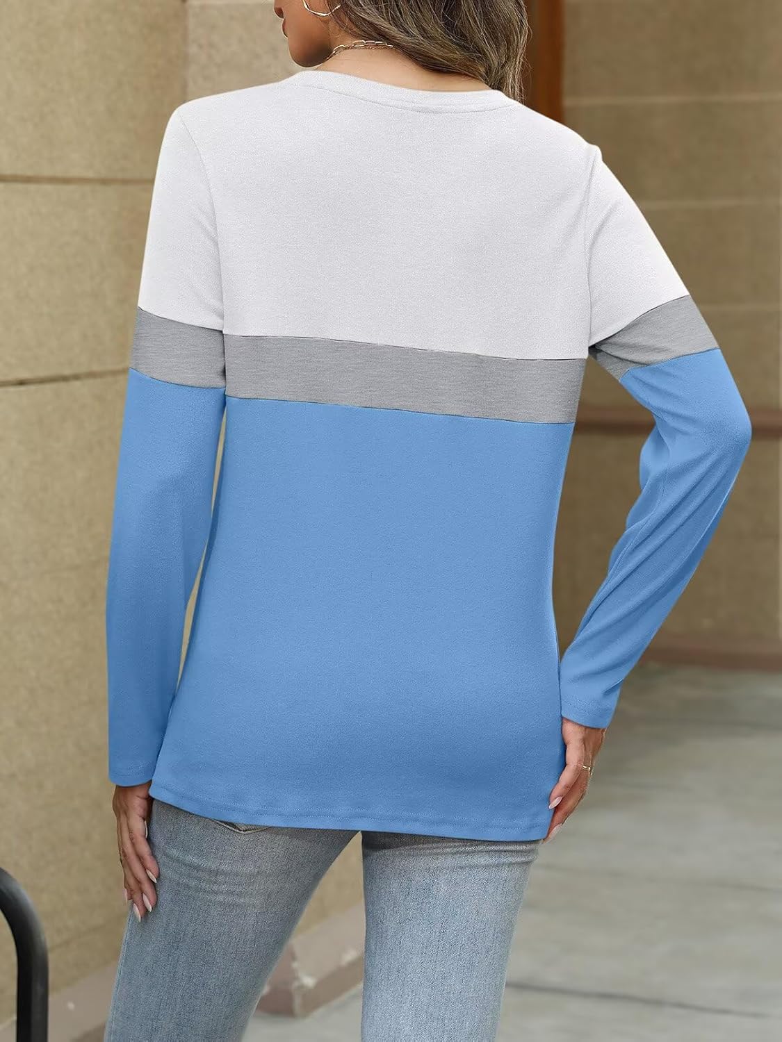 Women Long Sleeve Color Block Tunics Tops Round Neck Shirts Casual Blouses