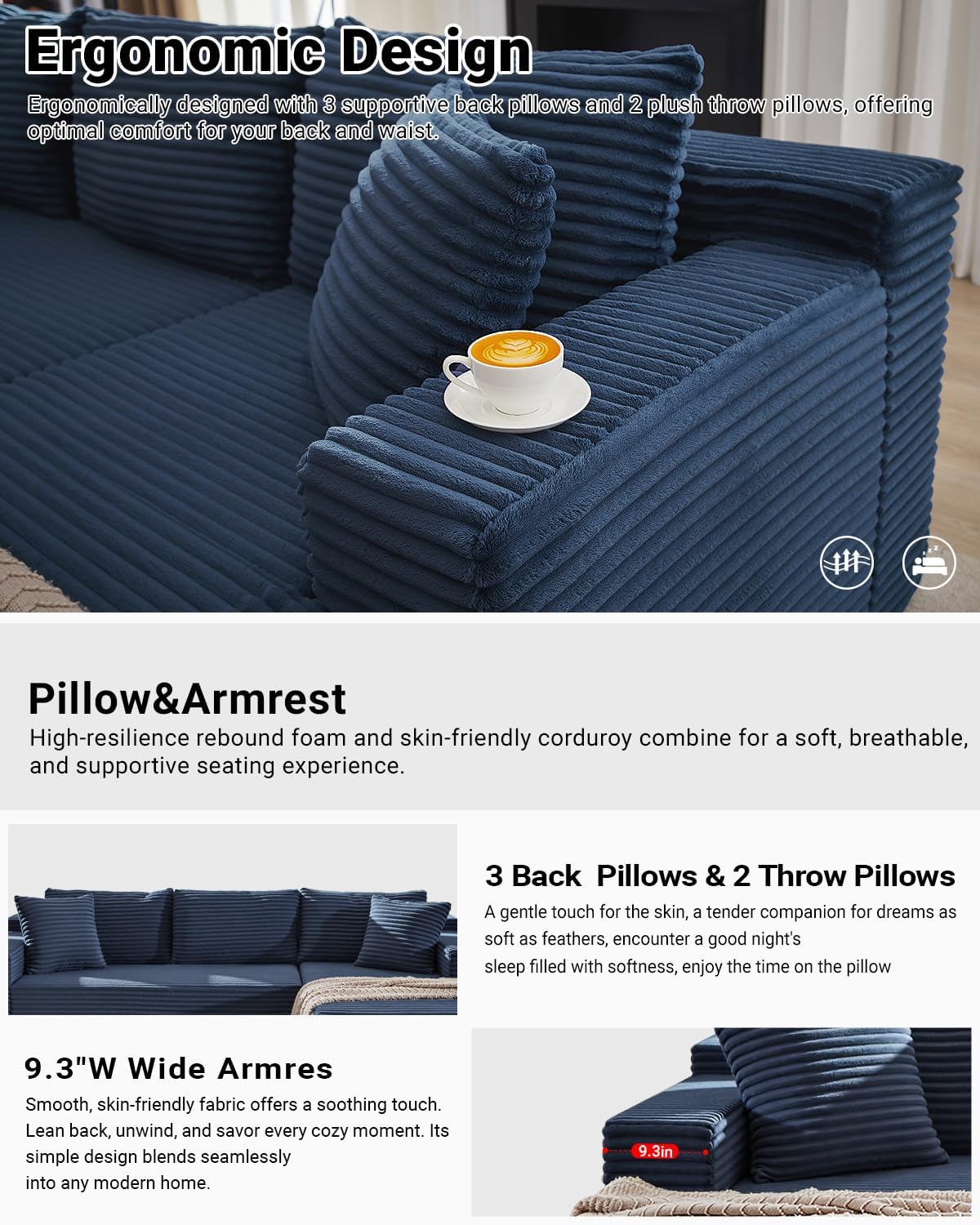 105 Inch Cloud Sectional Couch with Deep Seat