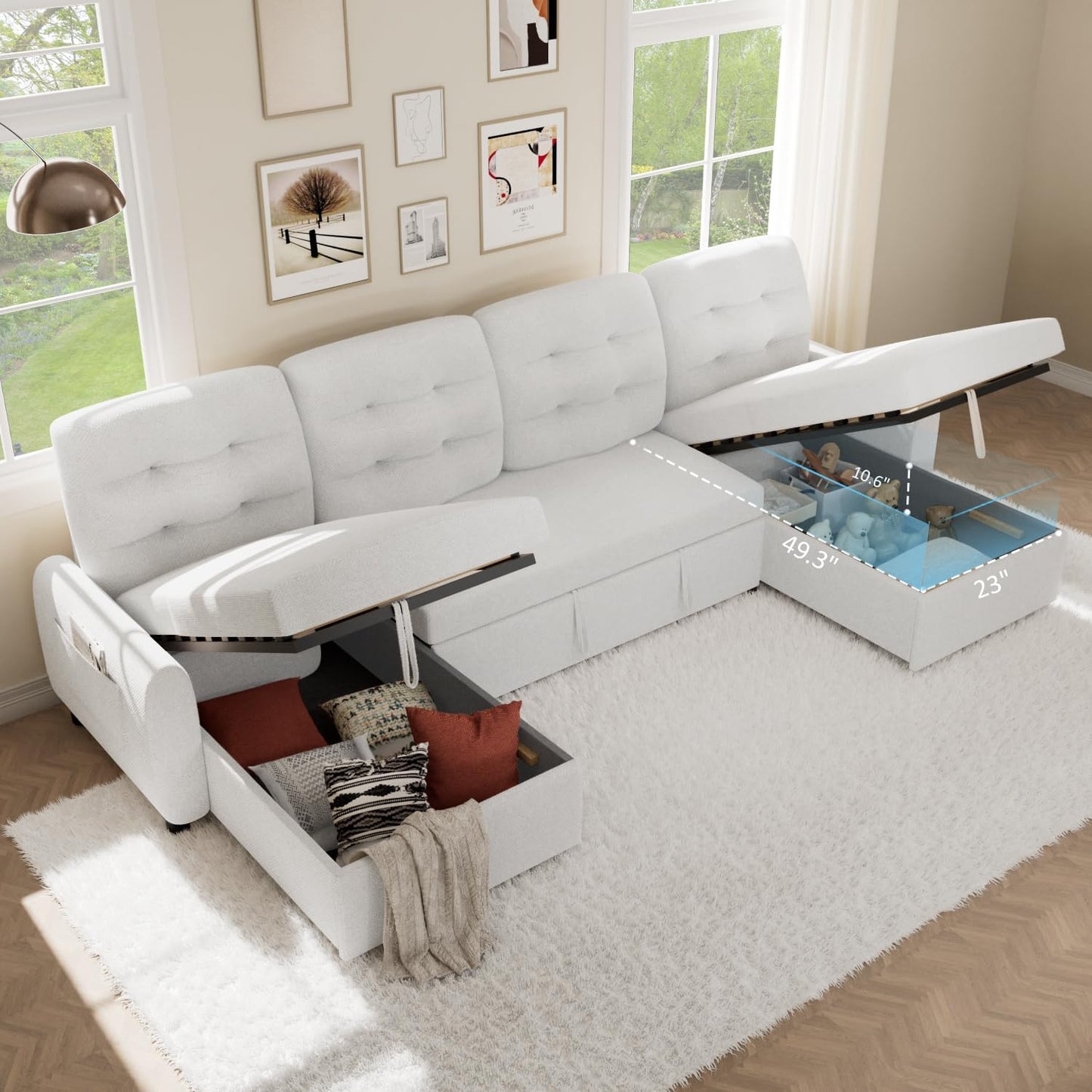 Sectional Sleeper Sofa with Storage Chaise USB Port, Side Pocket Removable Back 87" Couch in Black Linen