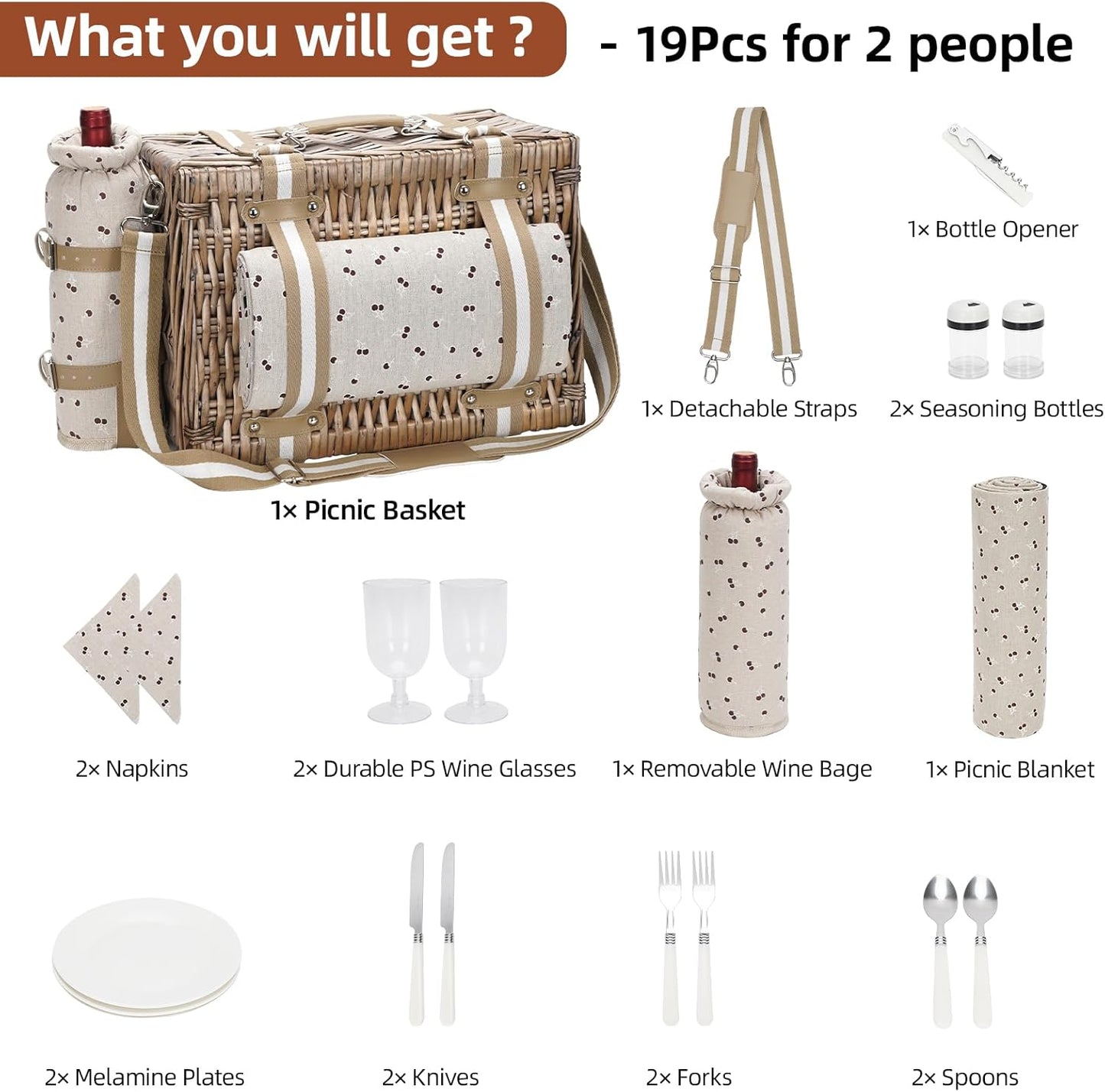 19Pcs Picnic Basket for 2 with Blanket