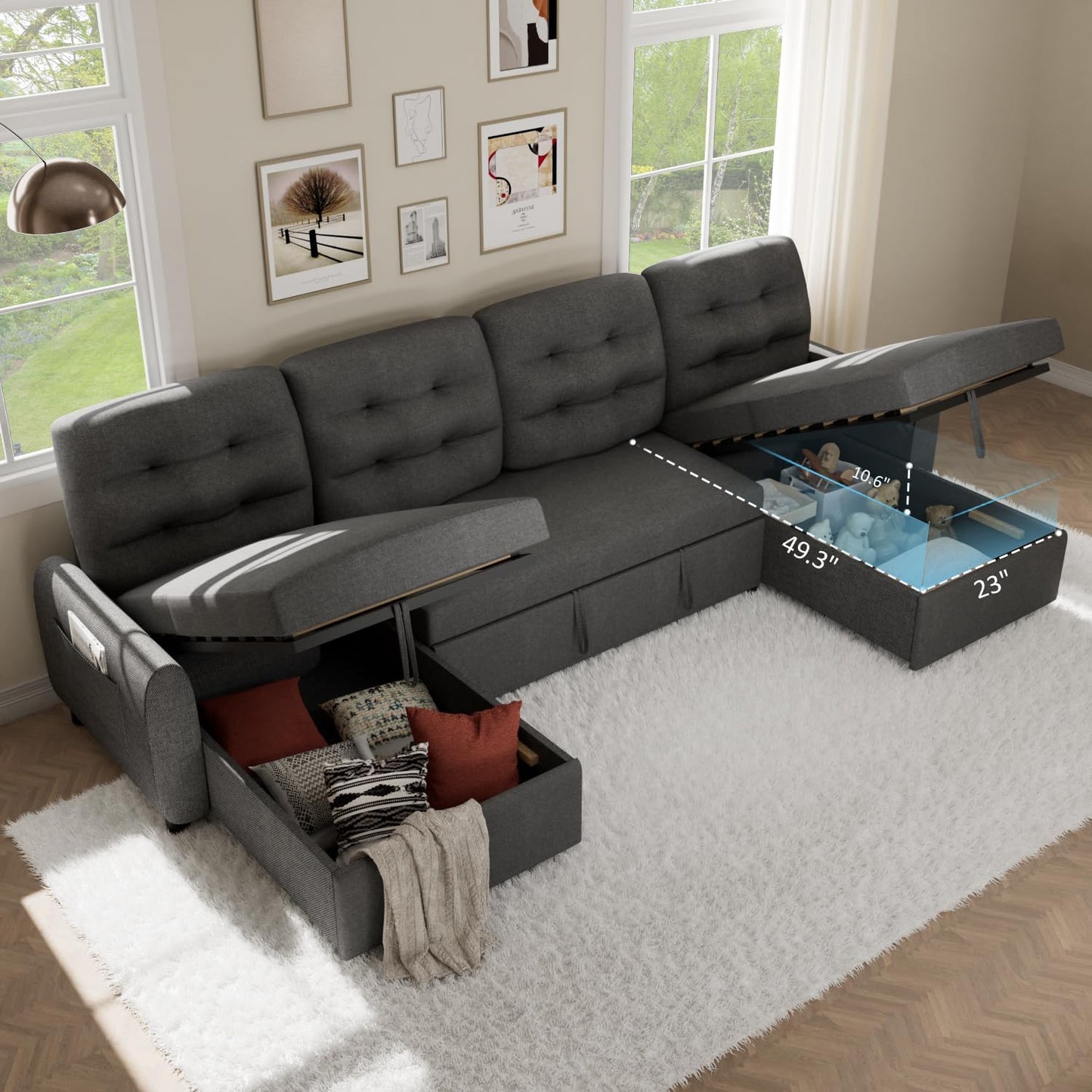 Sectional Sleeper Sofa with Storage Chaise USB Port, Side Pocket Removable Back 87" Couch in Black Linen