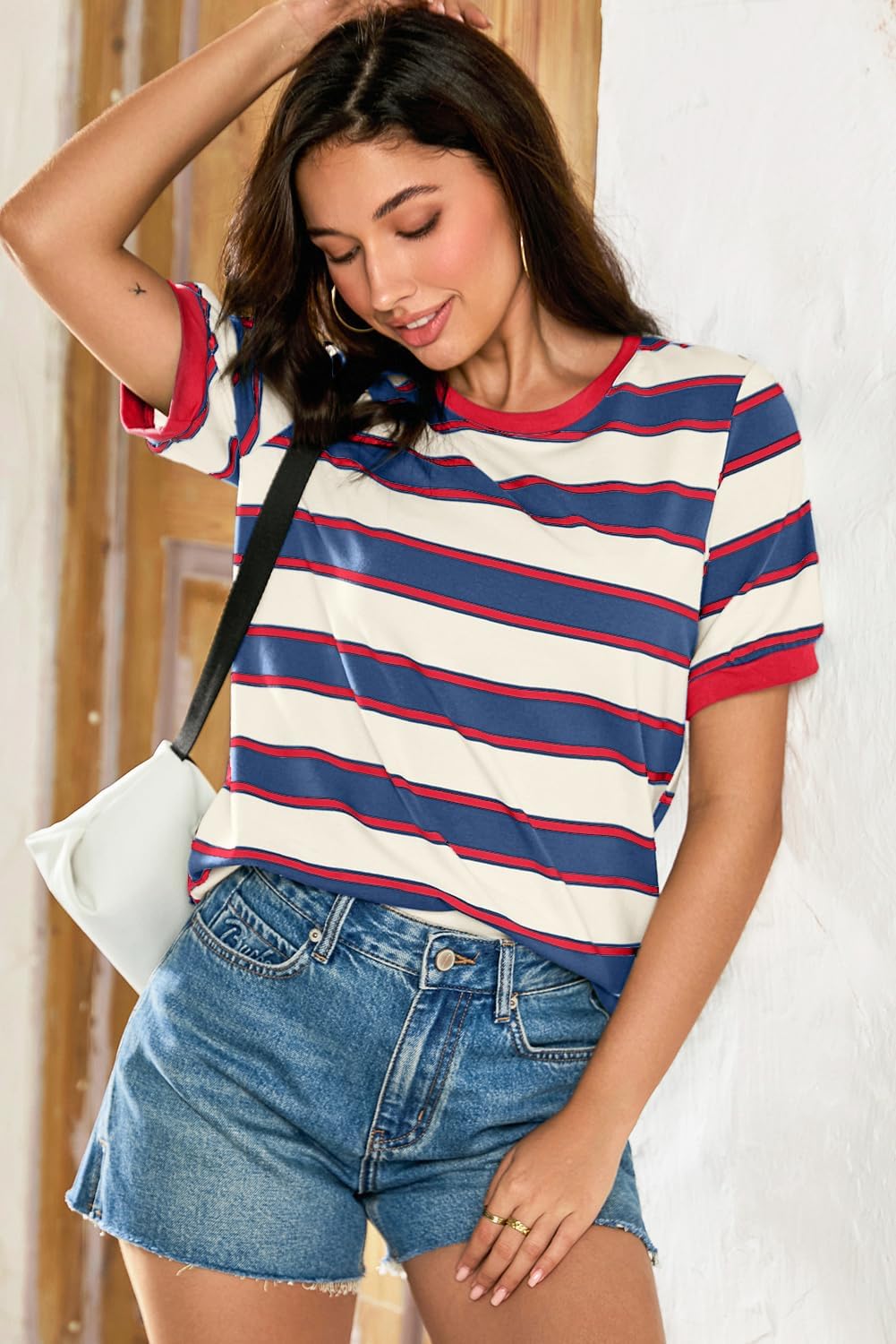 Striped Color Block Short Sleeve T-Shirts Crewneck Casual Loose Basic Tee Blouses