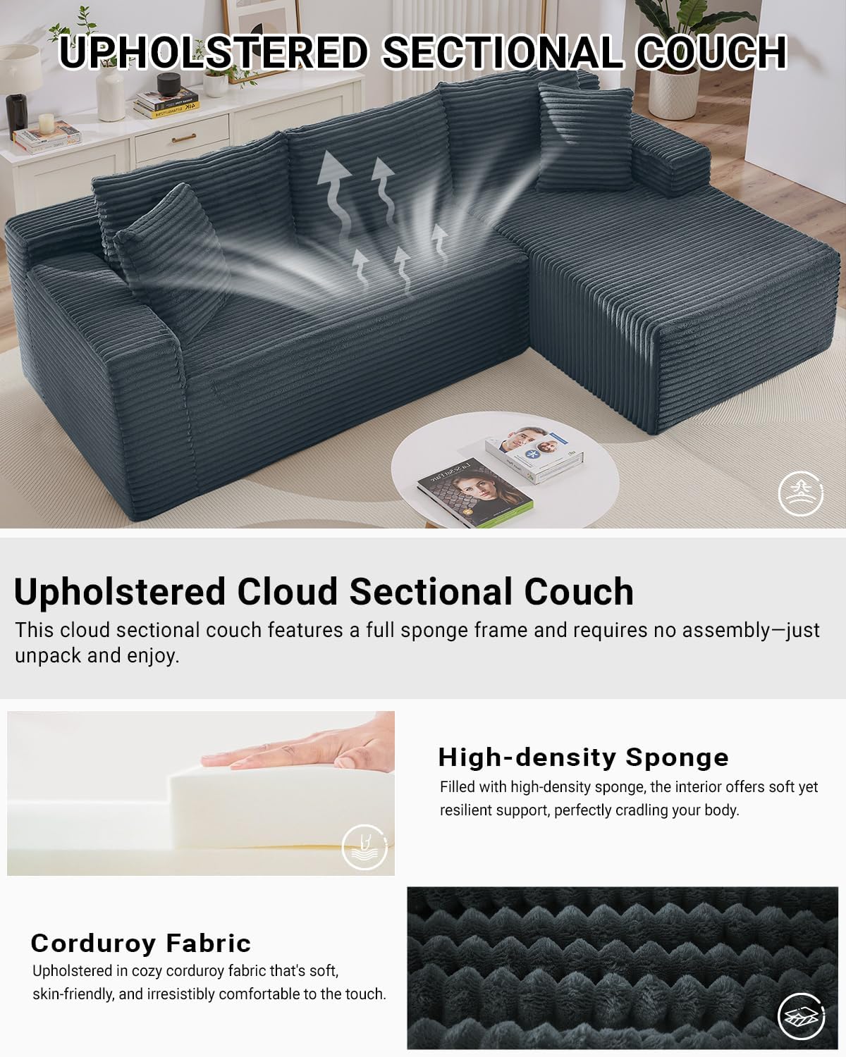 105 Inch Cloud Sectional Couch with Deep Seat