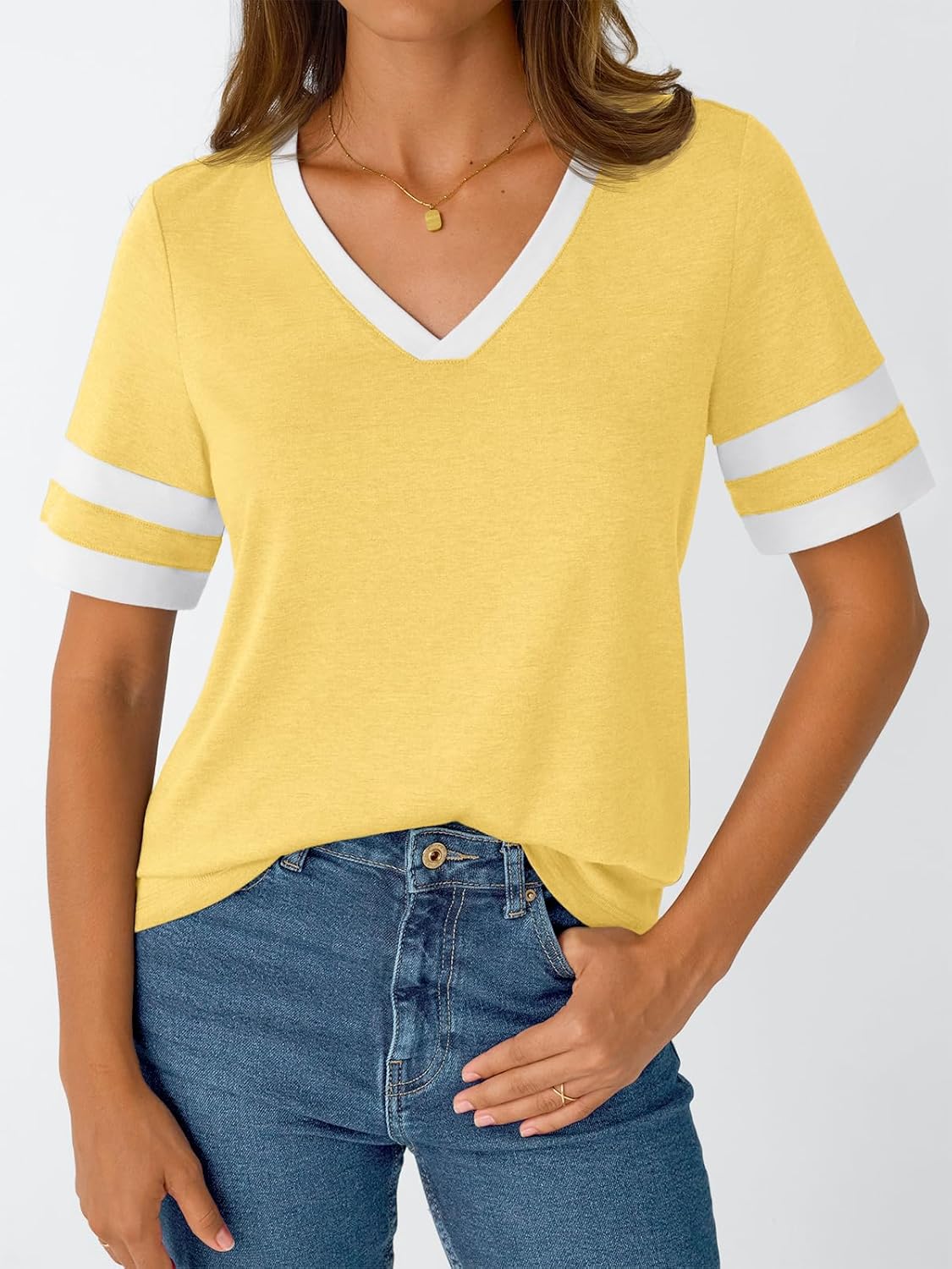 Women's Short Sleeve V Neck T Shirts Trendy Casual Spring Tops