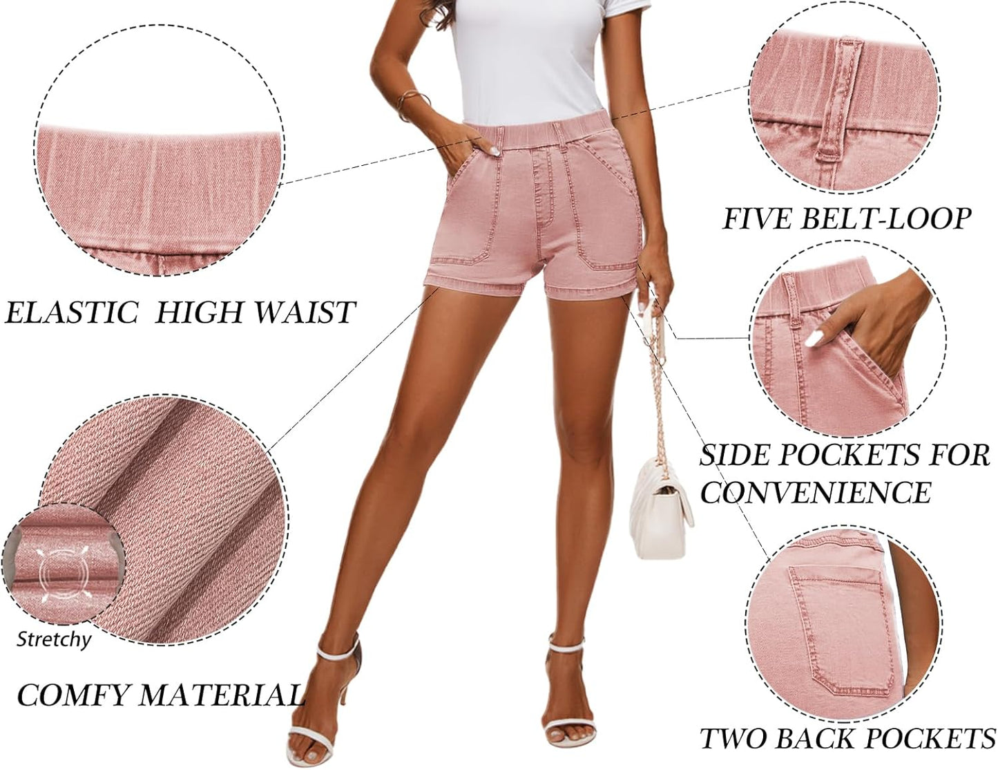Womens Jean Shorts High Waisted Summer Cotton Elastic Waist Denim Shorts with Pockets