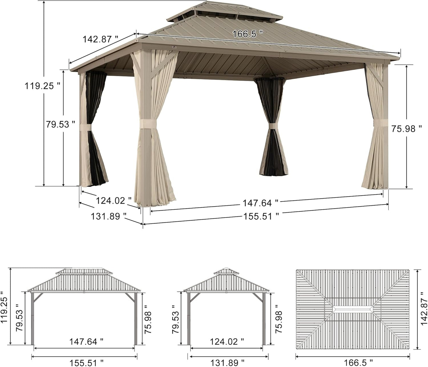 12x20ft Hardtop Gazebo Aluminum Frame Steel Roof Curtains Netting