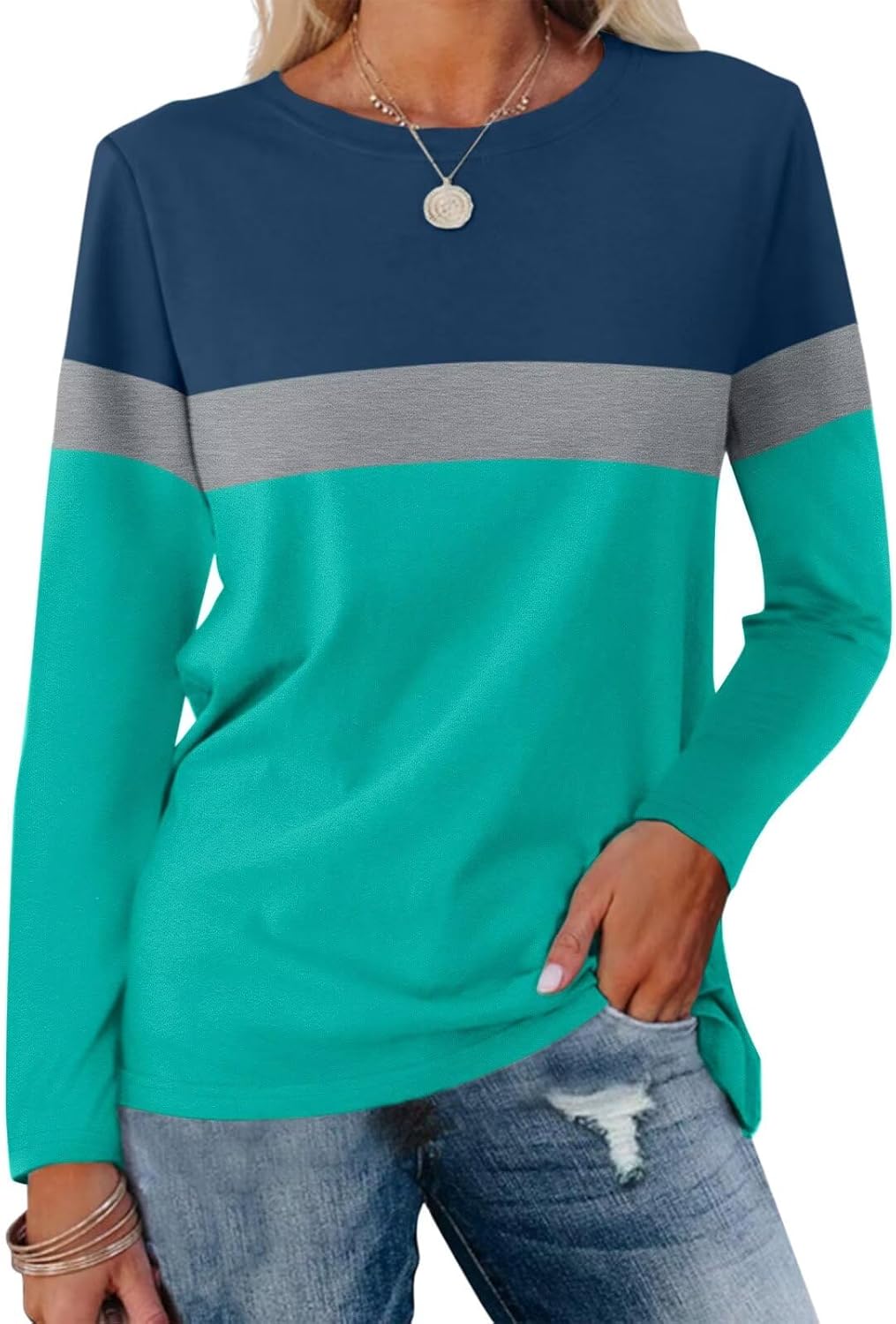 Women Long Sleeve Color Block Tunics Tops Round Neck Shirts Casual Blouses