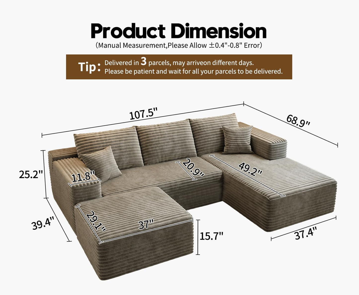 107.5" Cloud Modular Sectional Sofa with 1 Ottoman