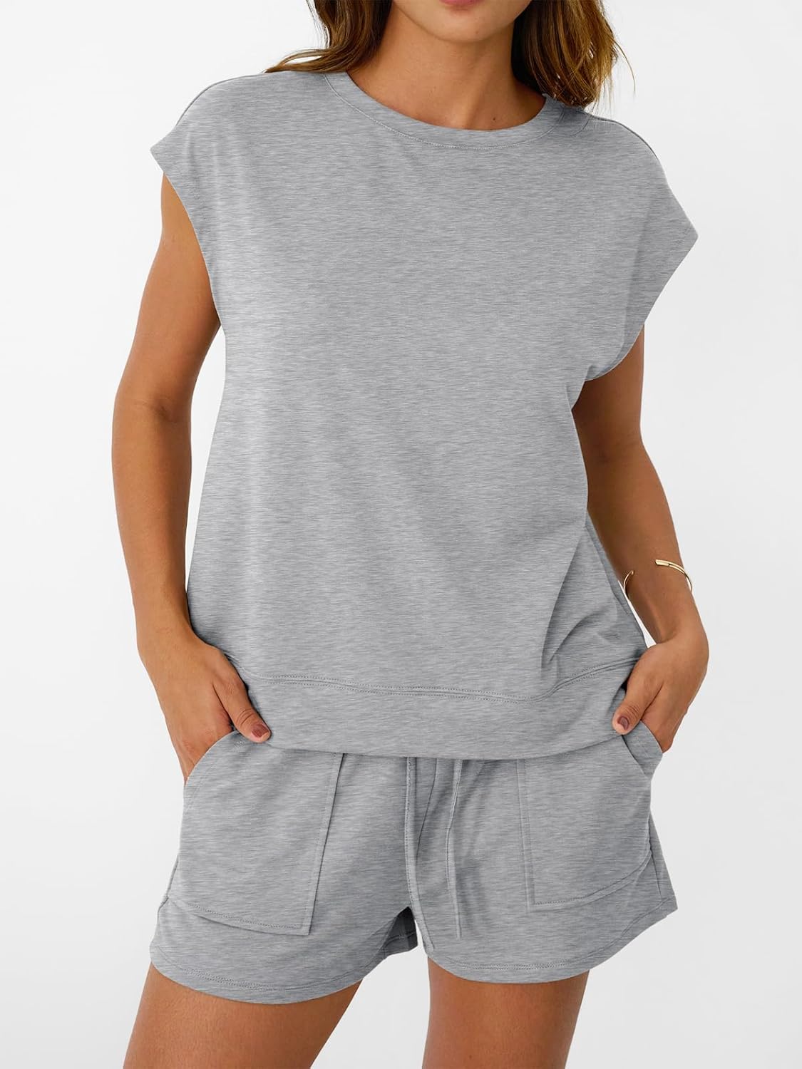 Womens Crew Neck Two Piece short Sets Cap Sleeve Drawstring Sweatsuit with Pocket